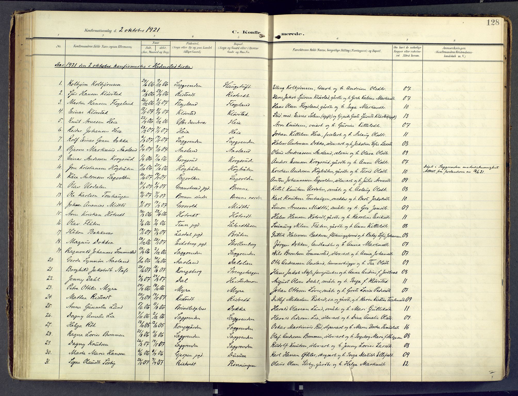 Sandsvær kirkebøker, SAKO/A-244/F/Fd/L0002: Parish register (official) no. IV 2, 1906-1943, p. 128