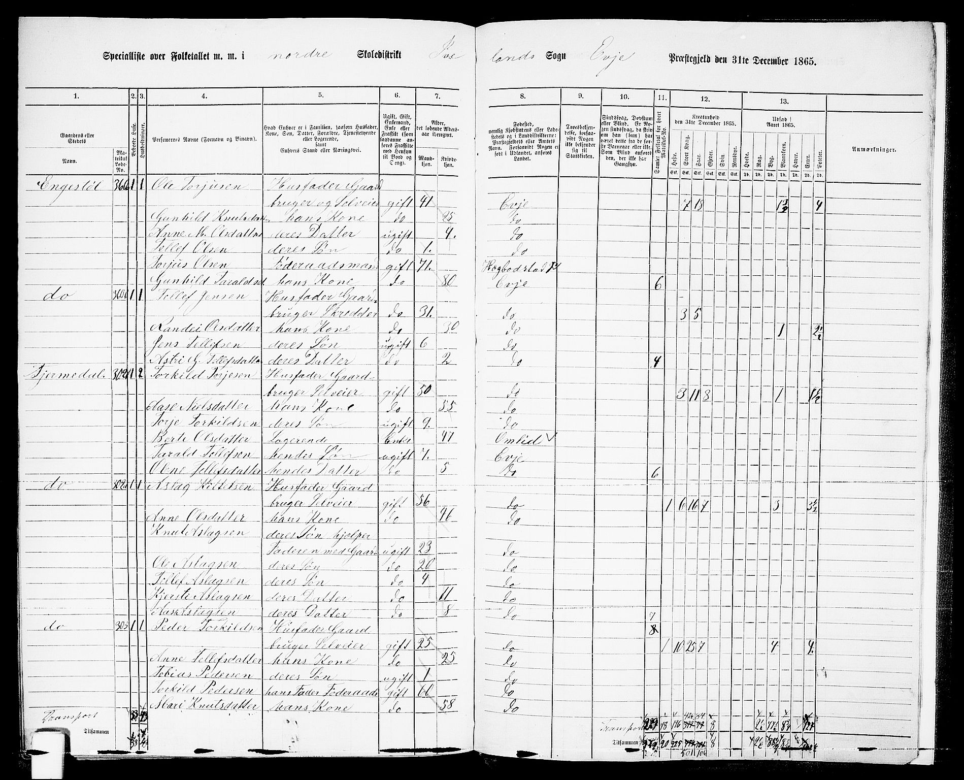 RA, 1865 census for Evje, 1865, p. 179