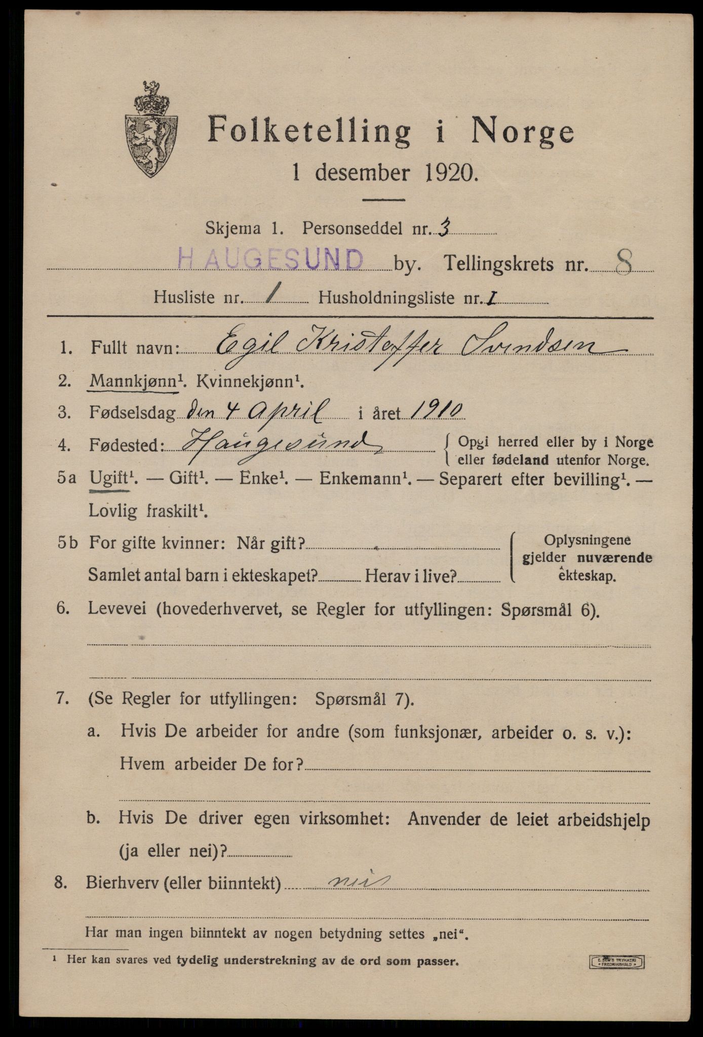 SAST, 1920 census for Haugesund, 1920, p. 27459