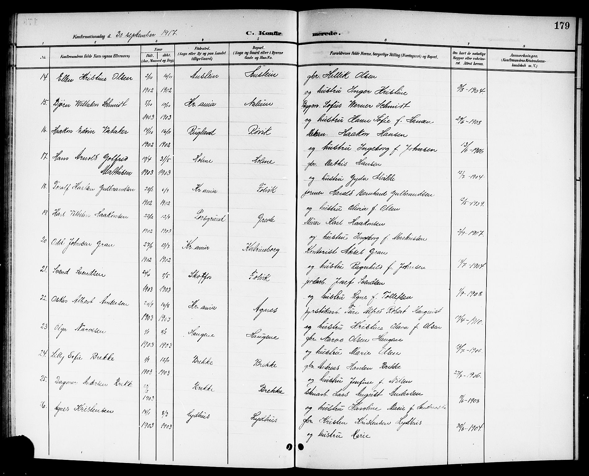 Brunlanes kirkebøker, SAKO/A-342/G/Ga/L0004: Parish register (copy) no. I 4, 1898-1921, p. 179