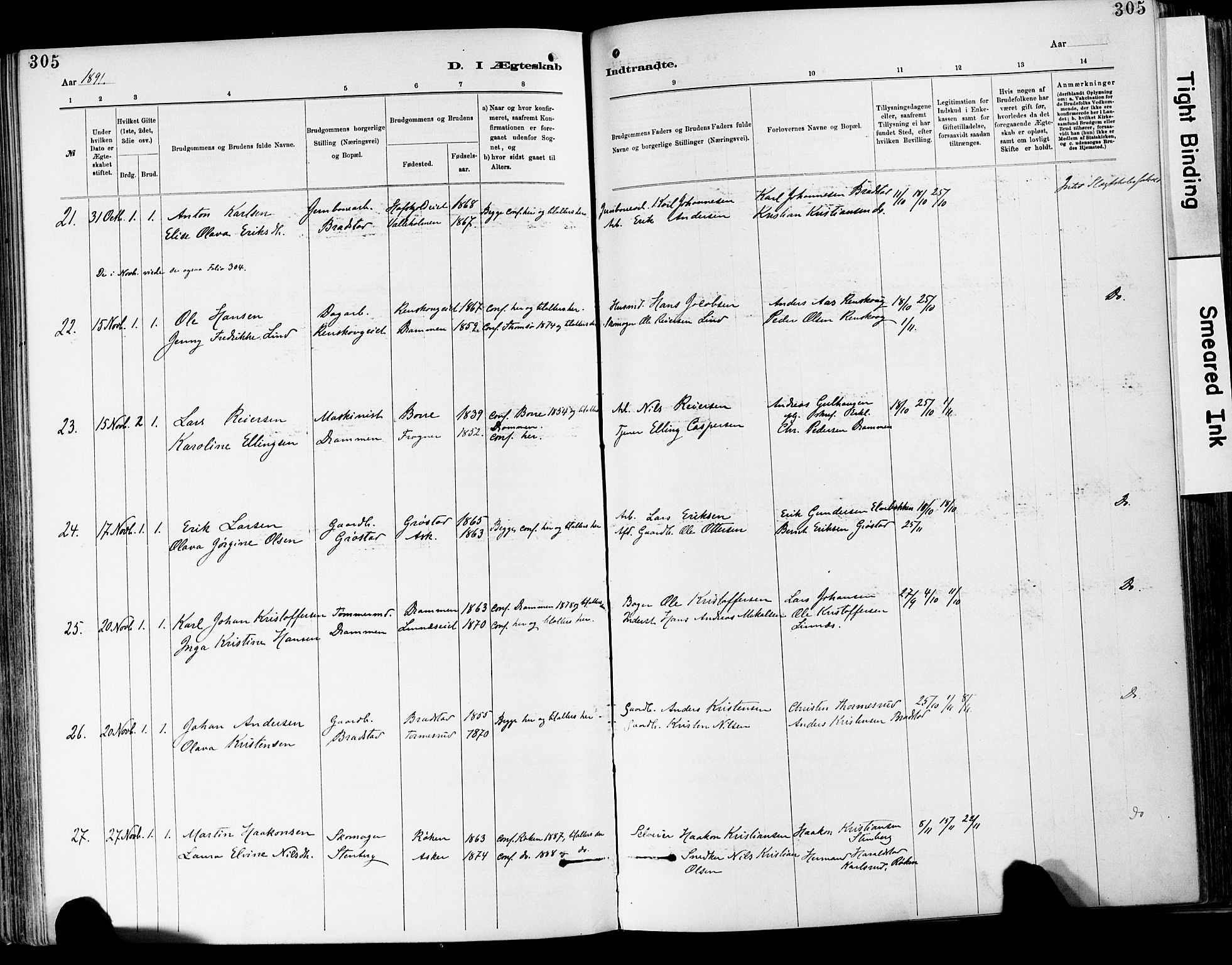 Lier kirkebøker, SAKO/A-230/F/Fa/L0015: Parish register (official) no. I 15, 1883-1894, p. 305