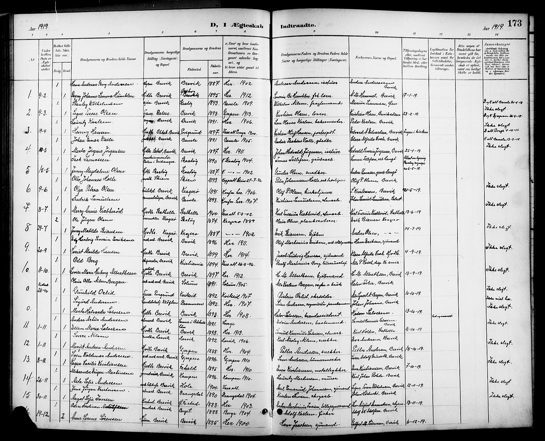 Brevik kirkebøker, SAKO/A-255/G/Ga/L0005: Parish register (copy) no. 5, 1901-1924, p. 173
