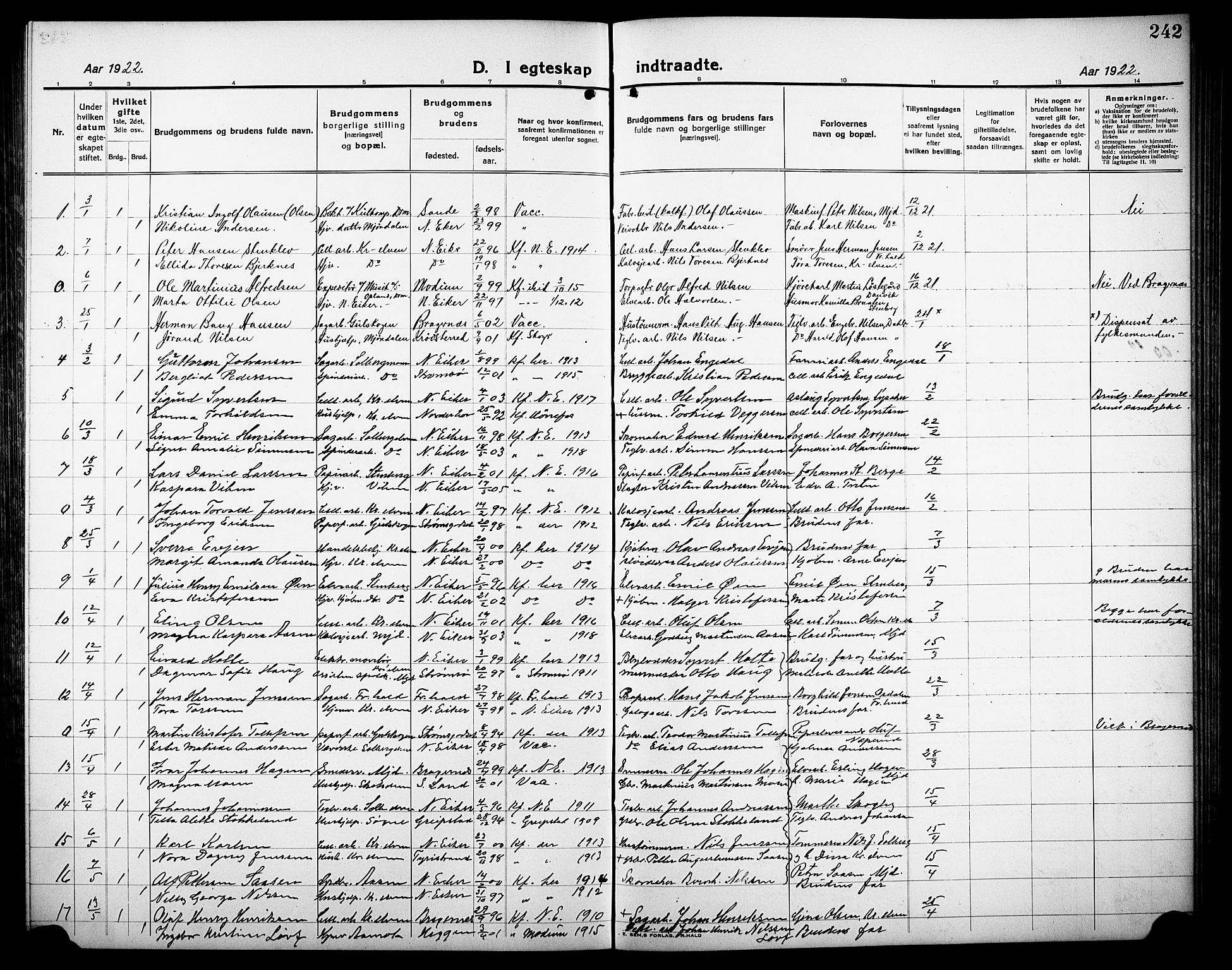 Nedre Eiker kirkebøker, AV/SAKO-A-612/G/Ga/L0006: Parish register (copy) no. 6, 1922-1933, p. 242