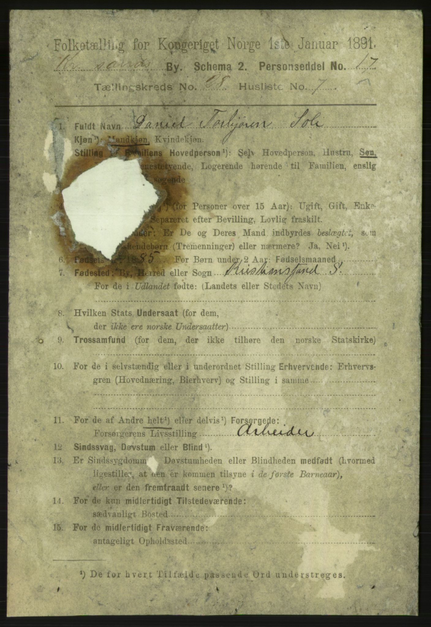 RA, 1891 census for 1001 Kristiansand, 1891, p. 9560
