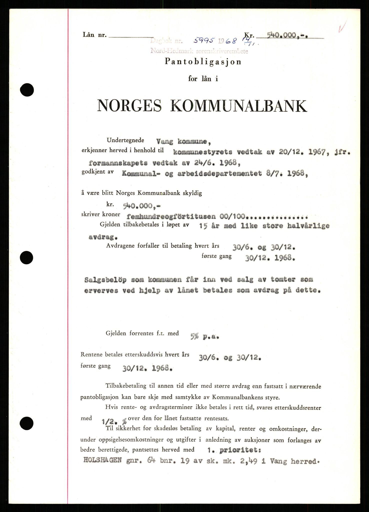 Nord-Hedmark sorenskriveri, SAH/TING-012/H/Hb/Hbf/L0077: Mortgage book no. B77, 1968-1969, Diary no: : 5995/1968