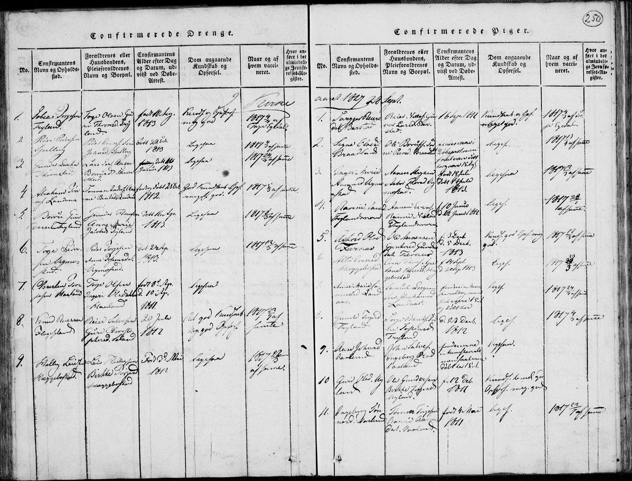 Nord-Audnedal sokneprestkontor, SAK/1111-0032/F/Fb/Fbb/L0001: Parish register (copy) no. B 1, 1816-1858, p. 250
