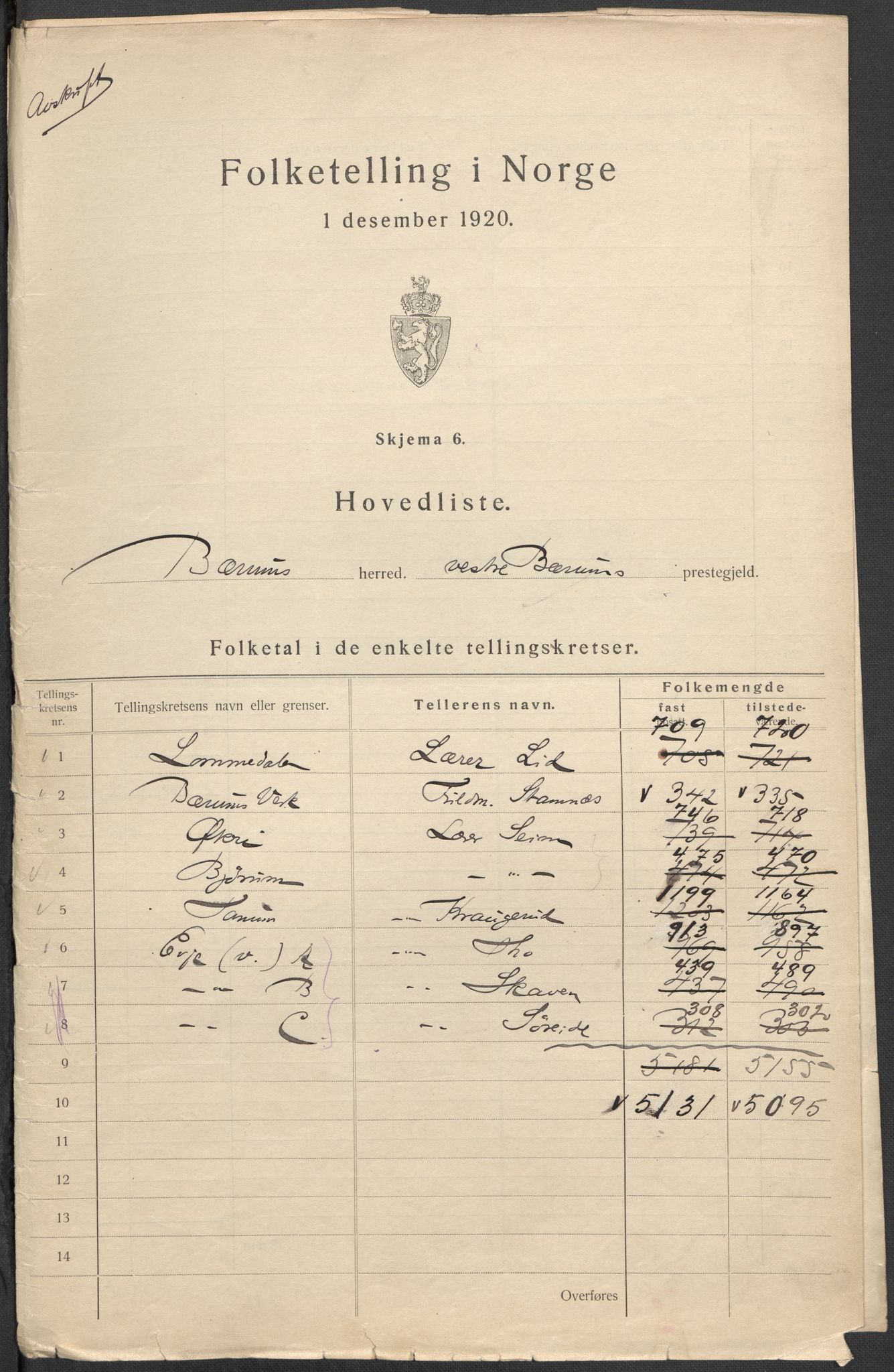 SAO, 1920 census for Bærum, 1920, p. 2