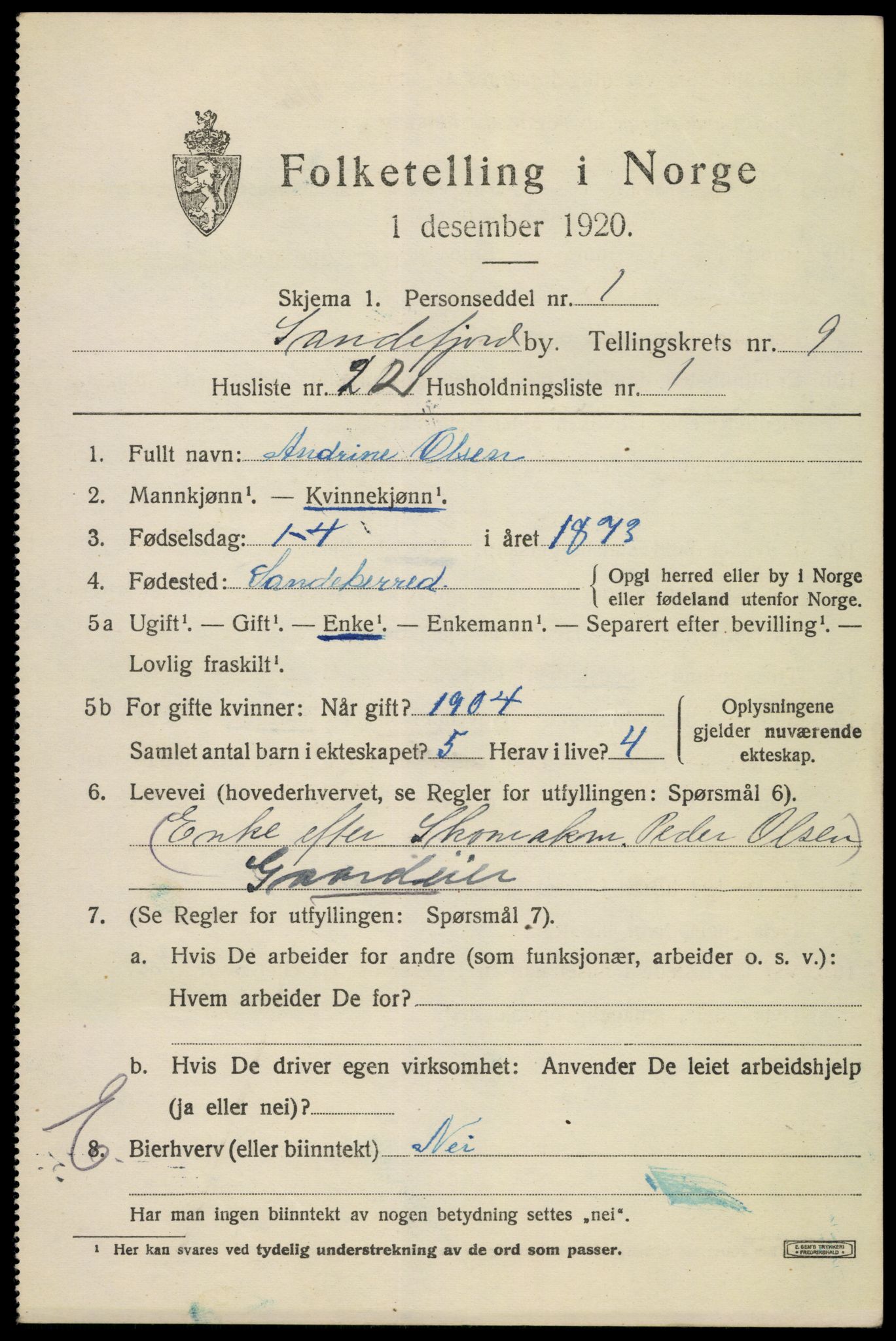 SAKO, 1920 census for Sandefjord, 1920, p. 13078