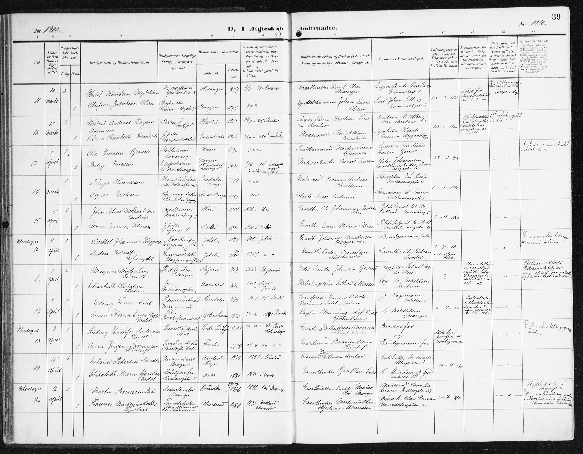 Domkirken sokneprestembete, SAB/A-74801/H/Haa/L0038: Parish register (official) no. D 5, 1906-1921, p. 39