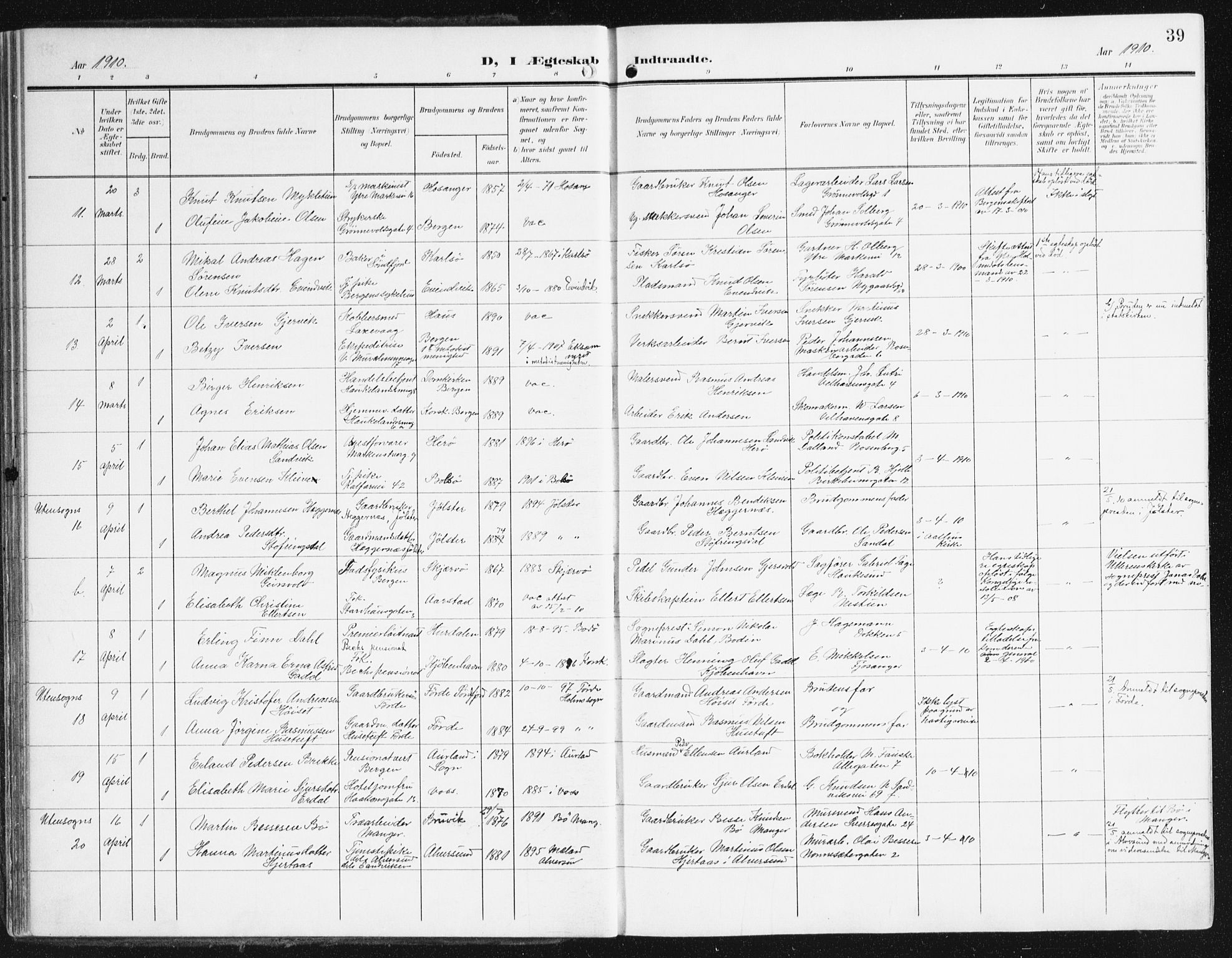 Domkirken sokneprestembete, AV/SAB-A-74801/H/Haa/L0038: Parish register (official) no. D 5, 1906-1921, p. 39