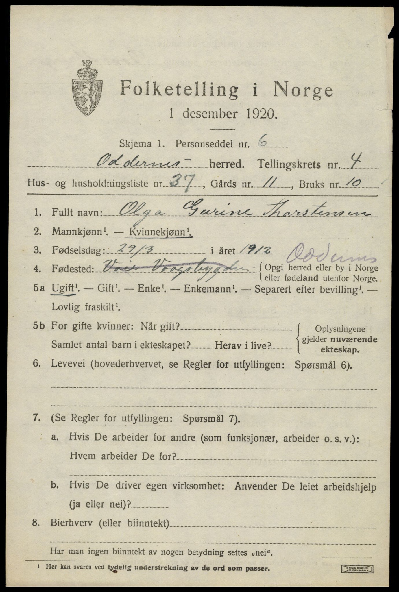 SAK, 1920 census for Oddernes, 1920, p. 4401