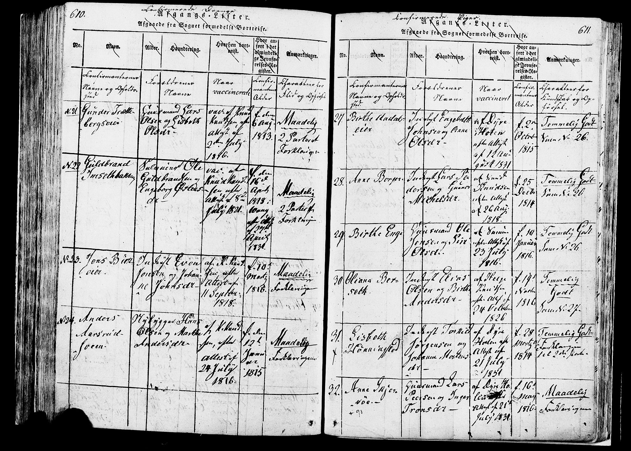 Løten prestekontor, AV/SAH-PREST-022/K/Ka/L0005: Parish register (official) no. 5, 1814-1832, p. 610-611