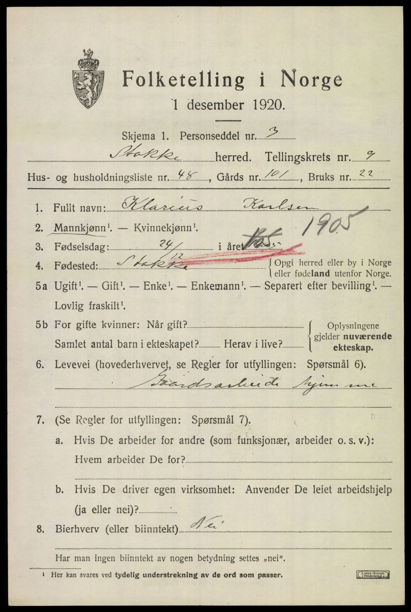 SAKO, 1920 census for Stokke, 1920, p. 10936