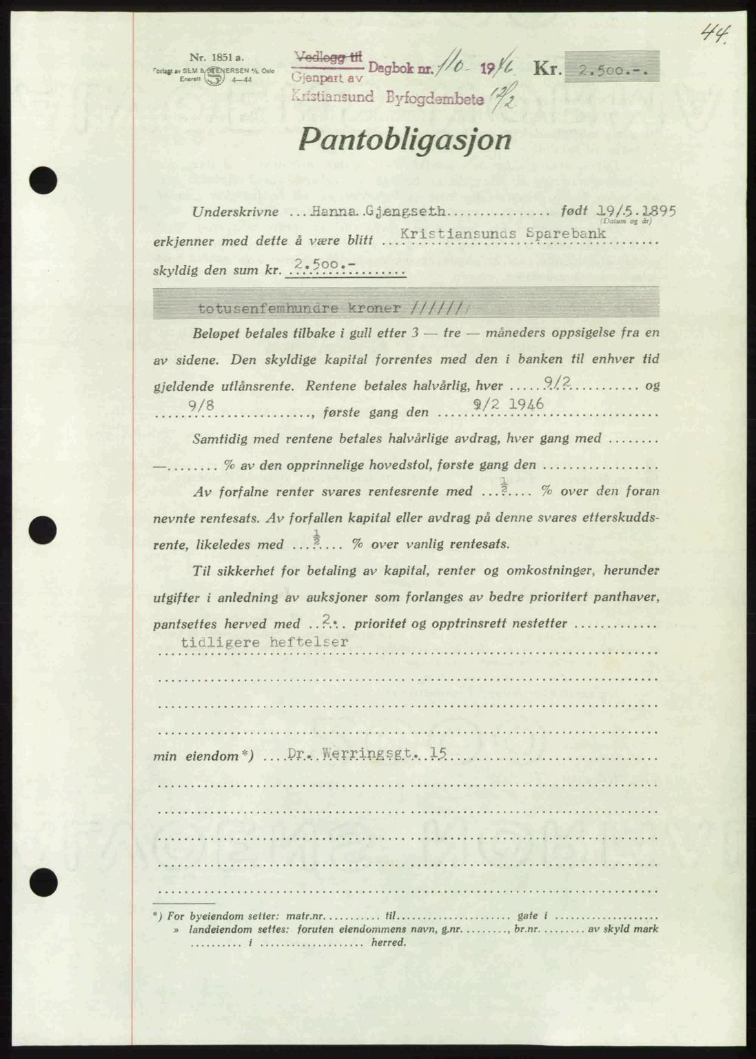 Kristiansund byfogd, AV/SAT-A-4587/A/27: Mortgage book no. 40, 1946-1946, Diary no: : 110/1946