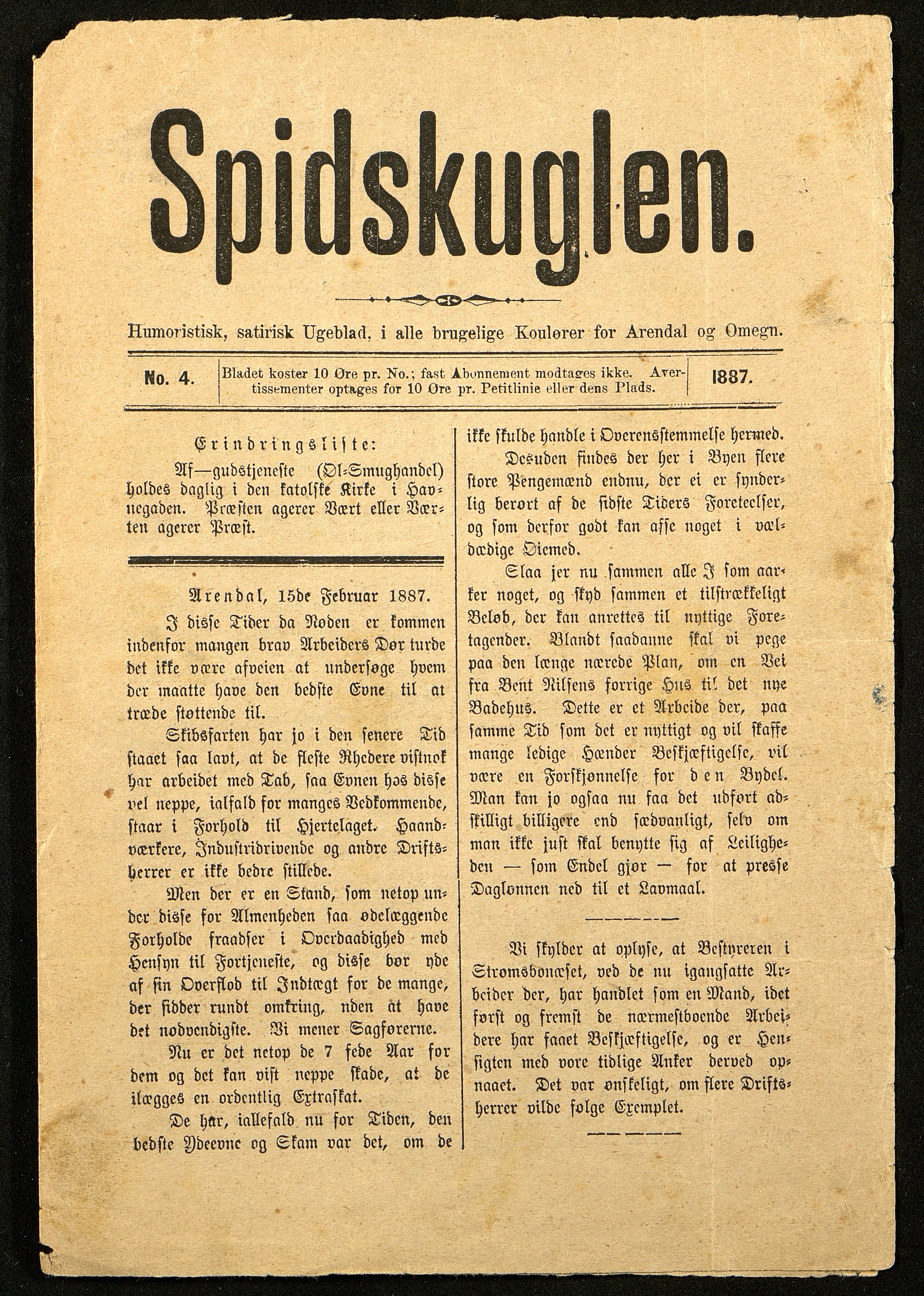 Spidskuglen, AAKS/PA-2823/X/L0001/0001: Spidskuglen / Årg. 1887, nr. 1–2, 4–23, 25–36, 1887