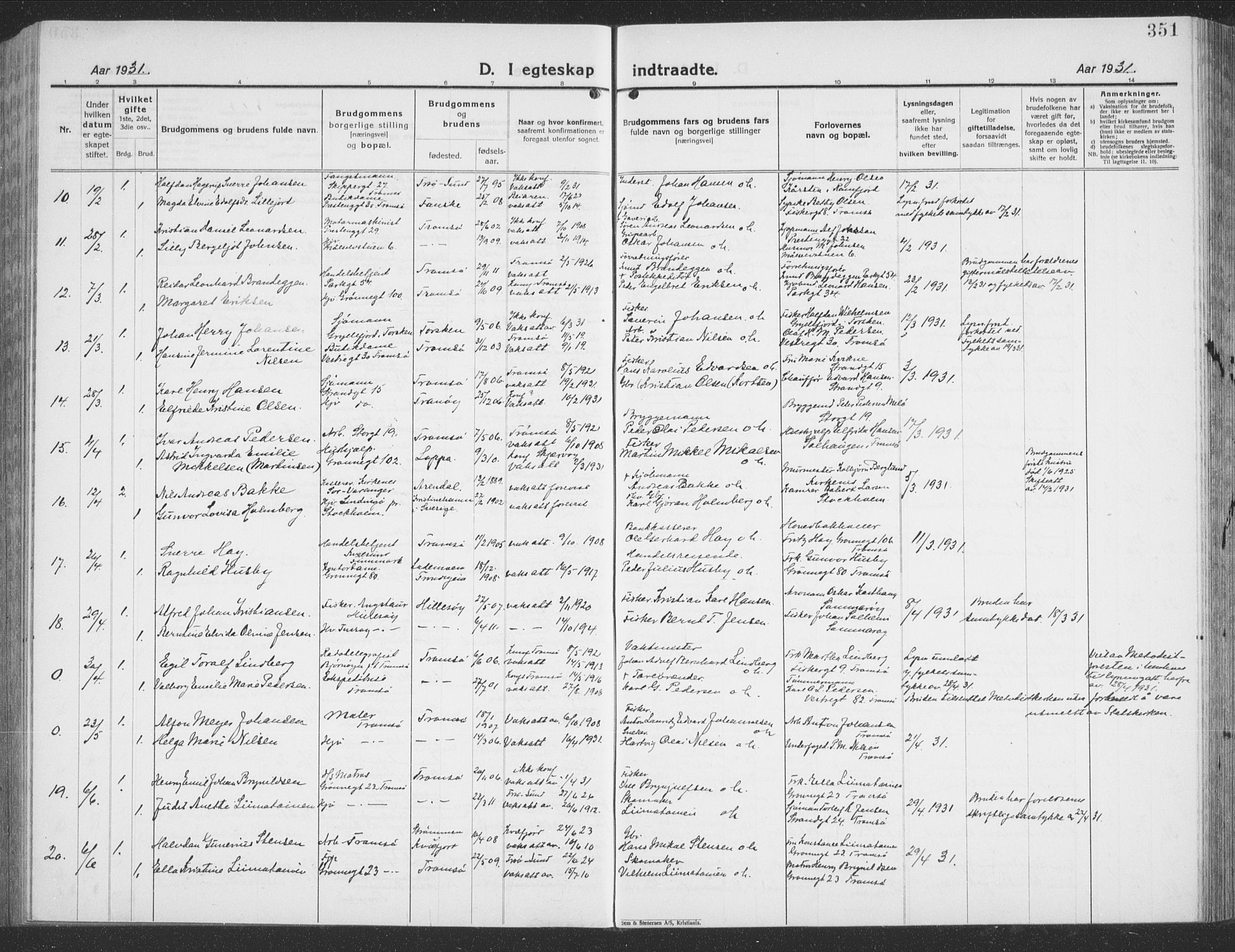 Tromsø sokneprestkontor/stiftsprosti/domprosti, AV/SATØ-S-1343/G/Gb/L0010klokker: Parish register (copy) no. 10, 1925-1937, p. 351