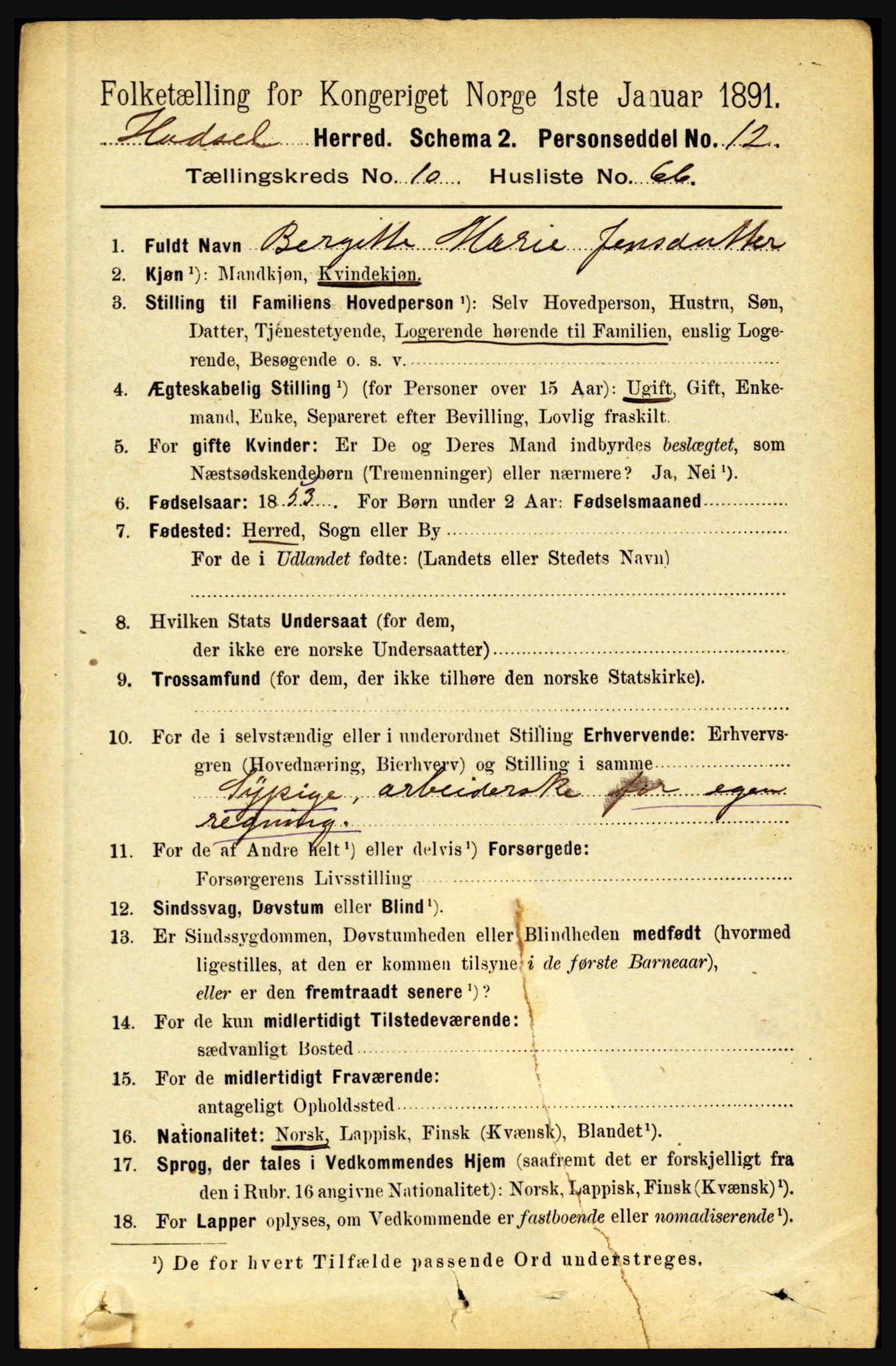 RA, 1891 census for 1866 Hadsel, 1891, p. 4640