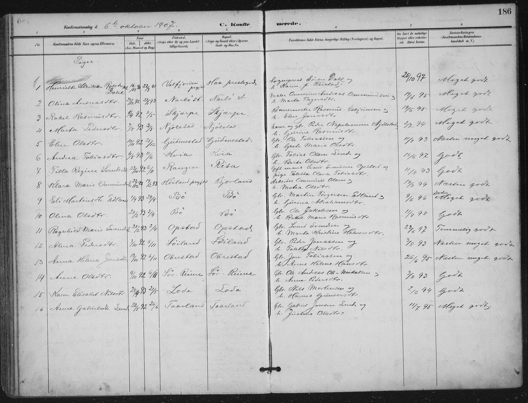 Hå sokneprestkontor, AV/SAST-A-101801/002/B/L0001: Parish register (official) no. A 11, 1897-1924, p. 186