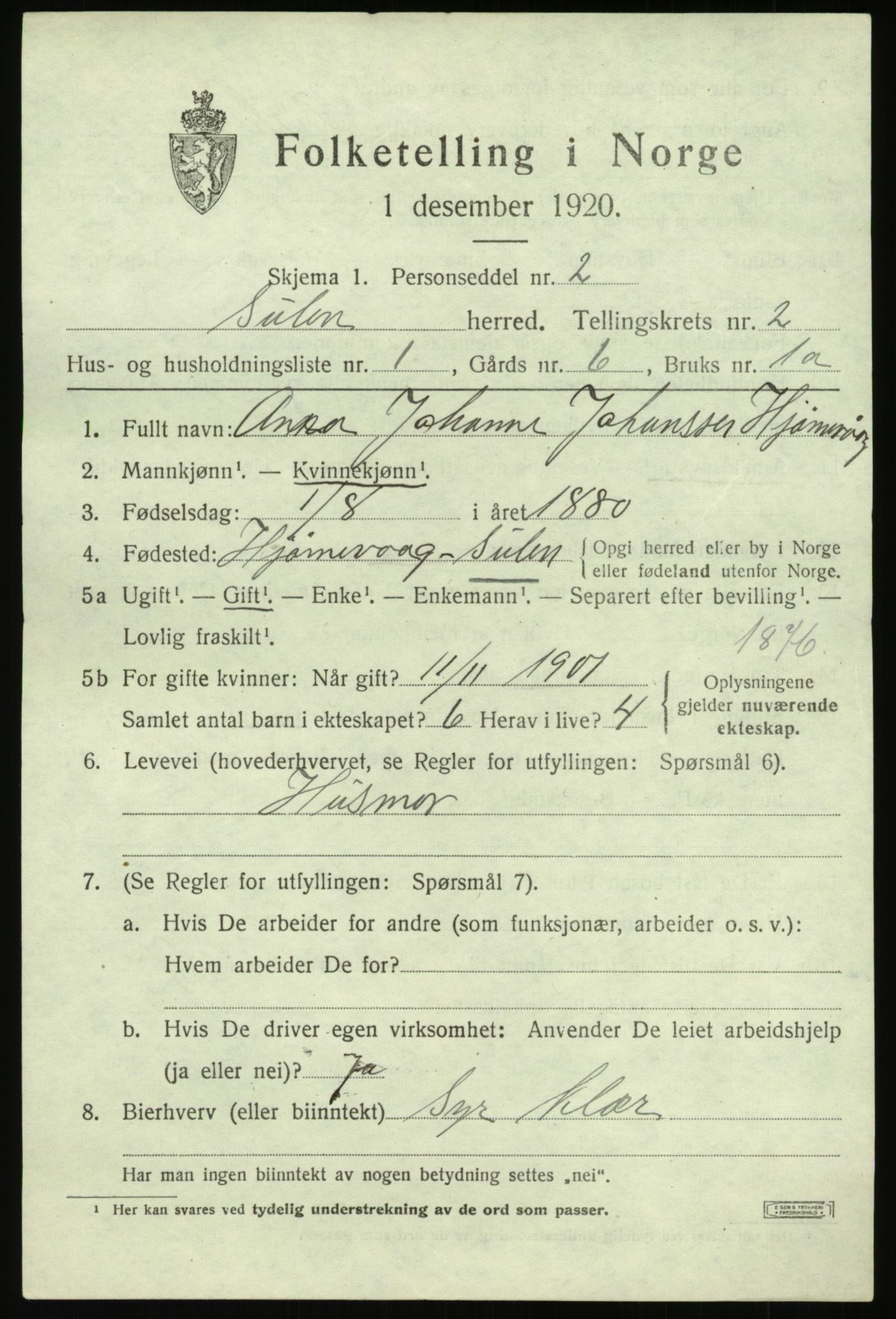 SAB, 1920 census for Solund, 1920, p. 1120