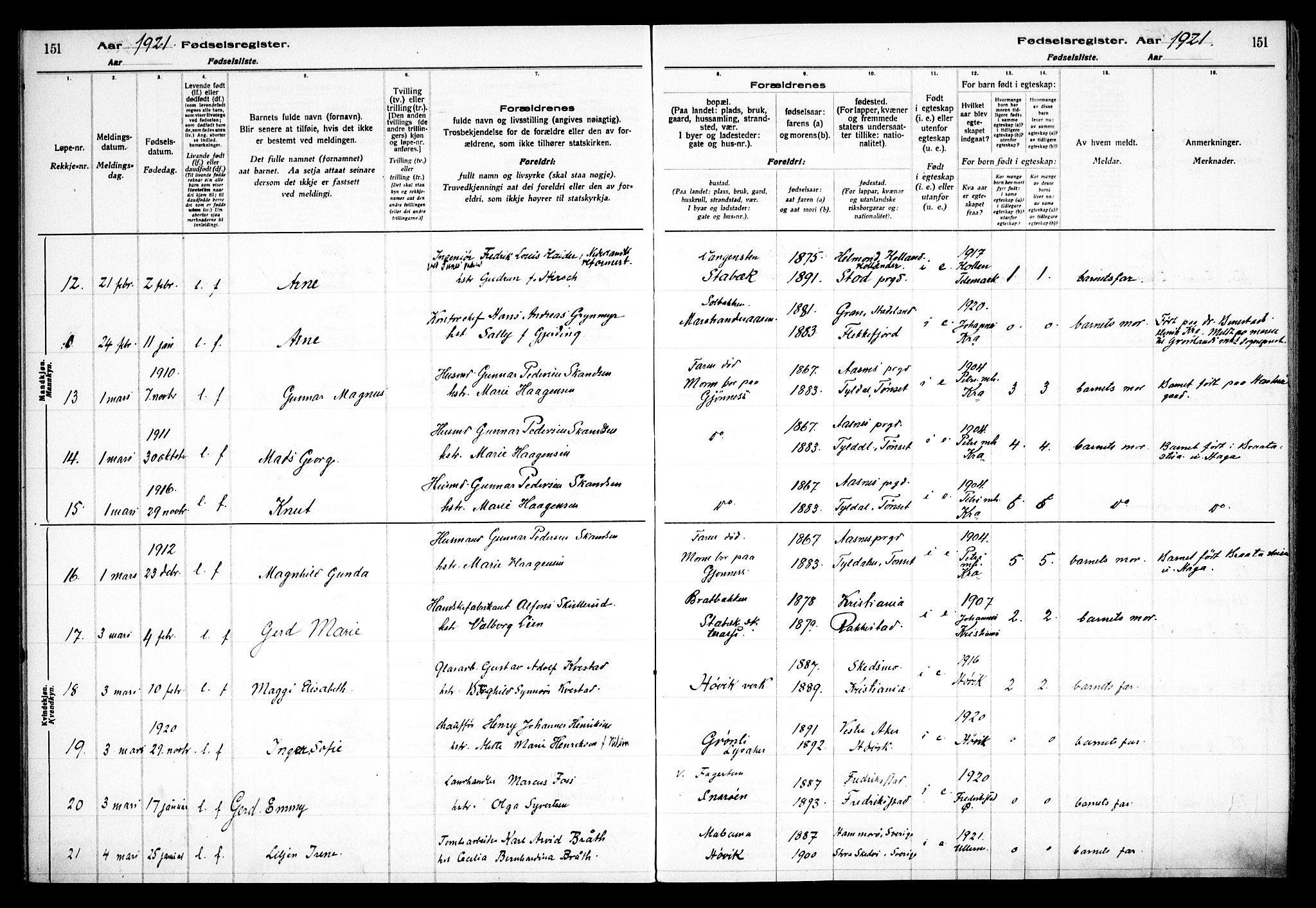 Østre Bærum prestekontor Kirkebøker, AV/SAO-A-10887/J/Ja/L0001: Birth register no. 1, 1916-1922, p. 151