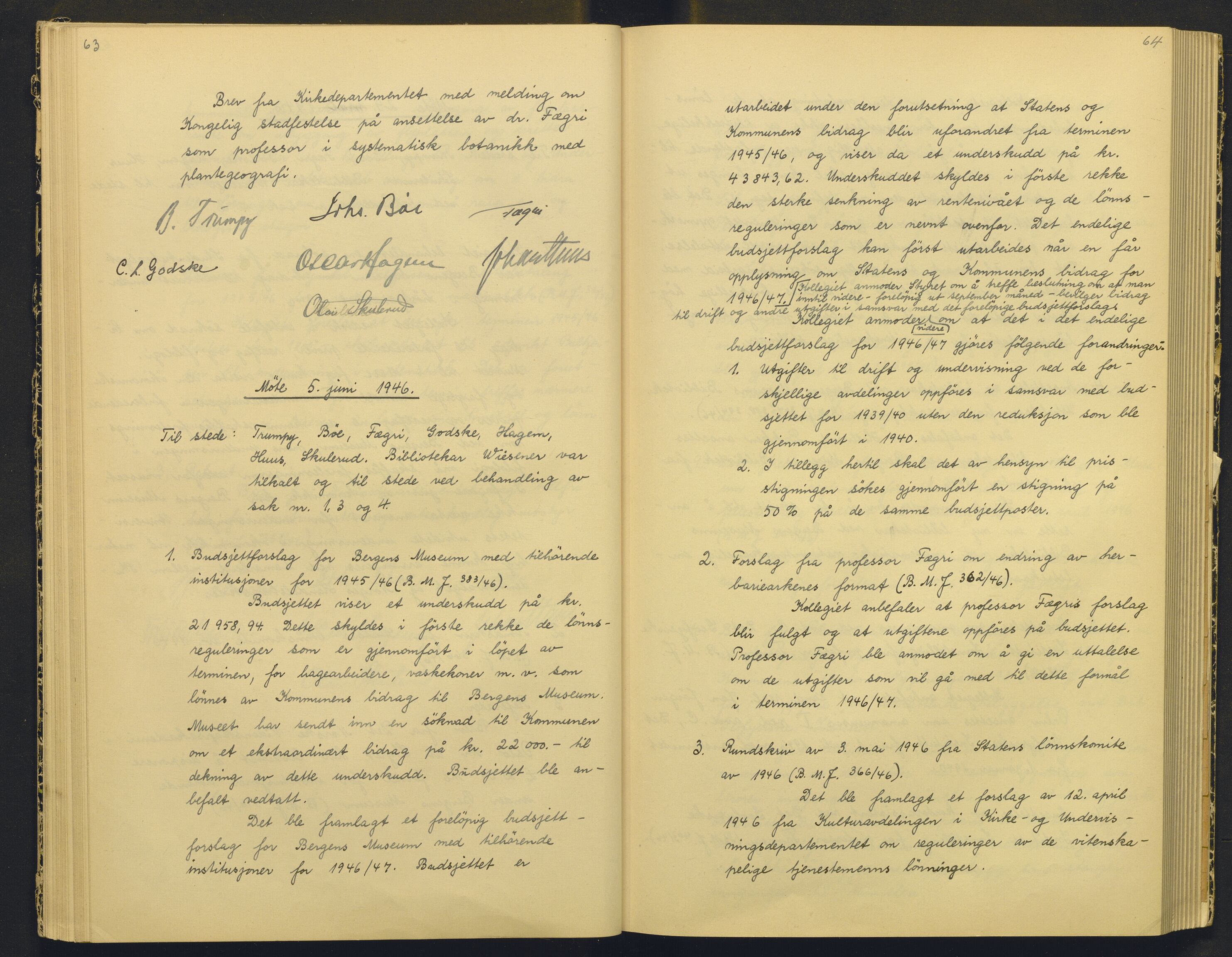 Bergens Museum, AV/SAB-A-17301/18/A/L0004: Professorkollegiets møtebok med register , 1945-1949, p. 63-64