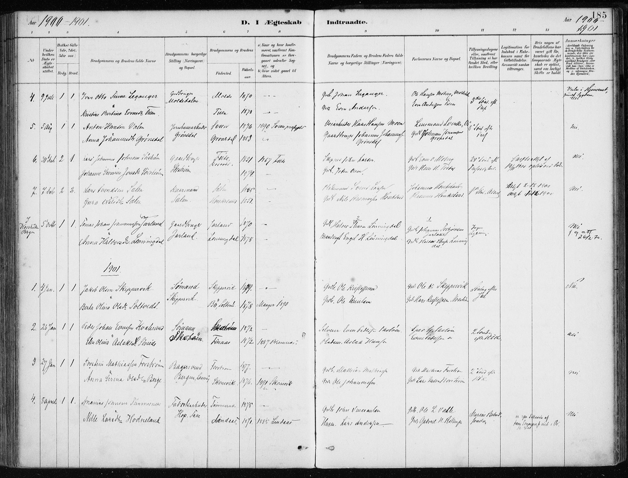 Os sokneprestembete, SAB/A-99929: Parish register (official) no. B 1, 1885-1902, p. 185