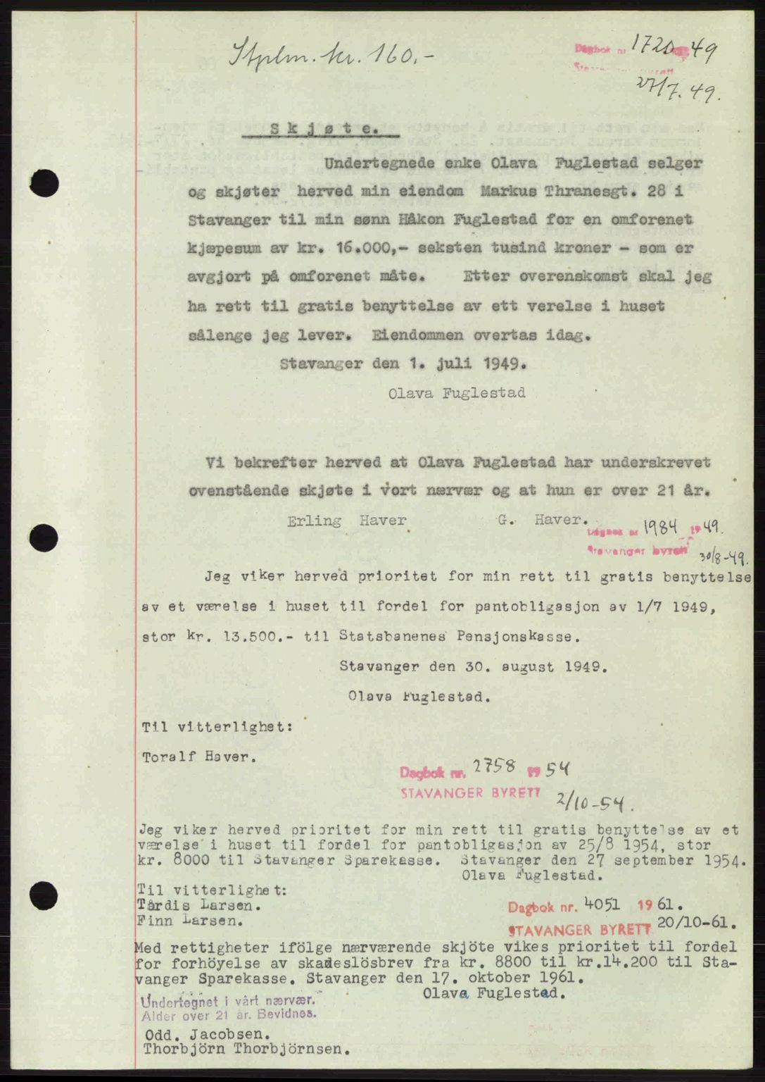 Stavanger byrett, SAST/A-100455/002/G/Gb/L0023: Mortgage book no. A12, 1948-1949, Diary no: : 1720/1949