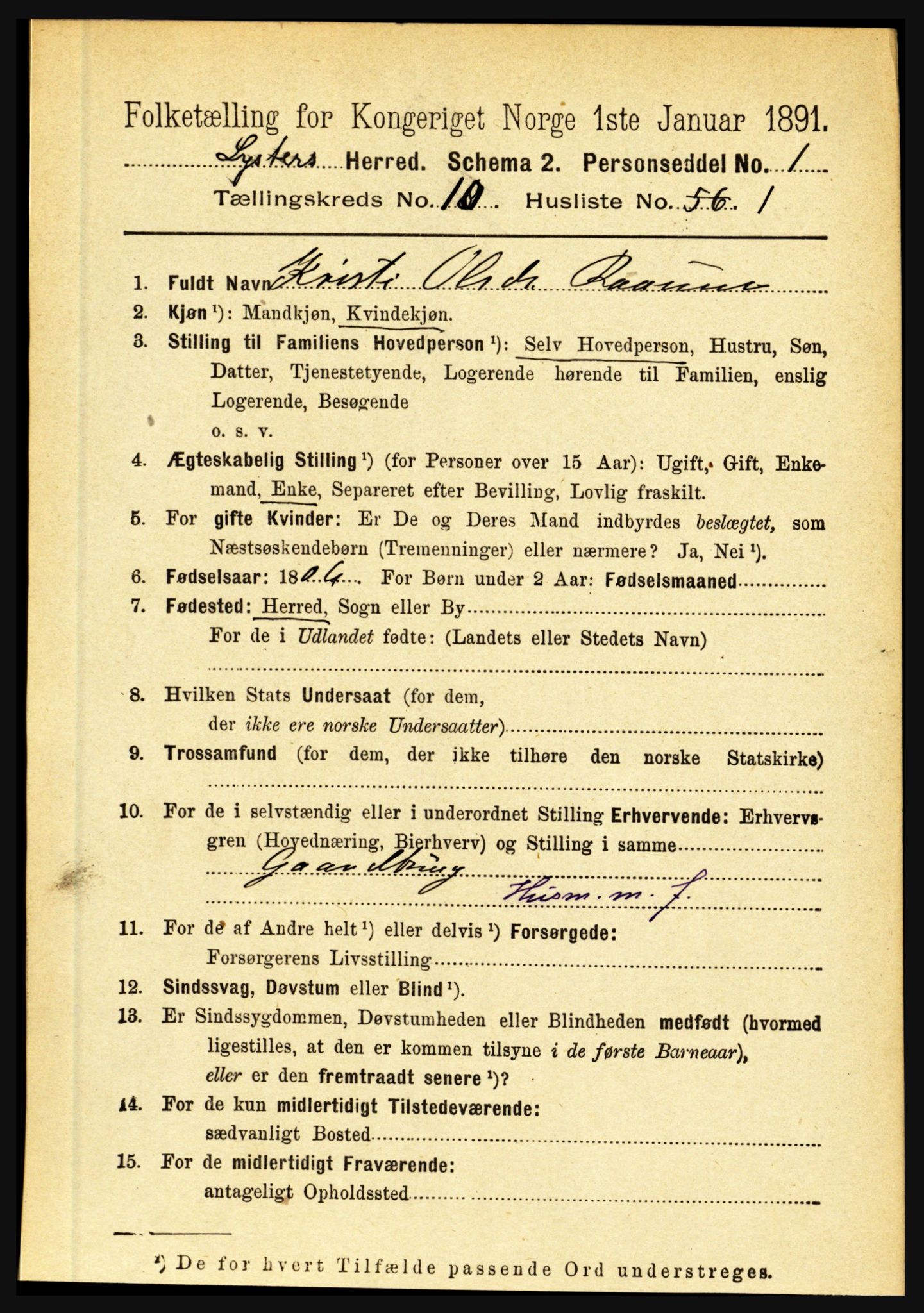 RA, 1891 census for 1426 Luster, 1891, p. 3116