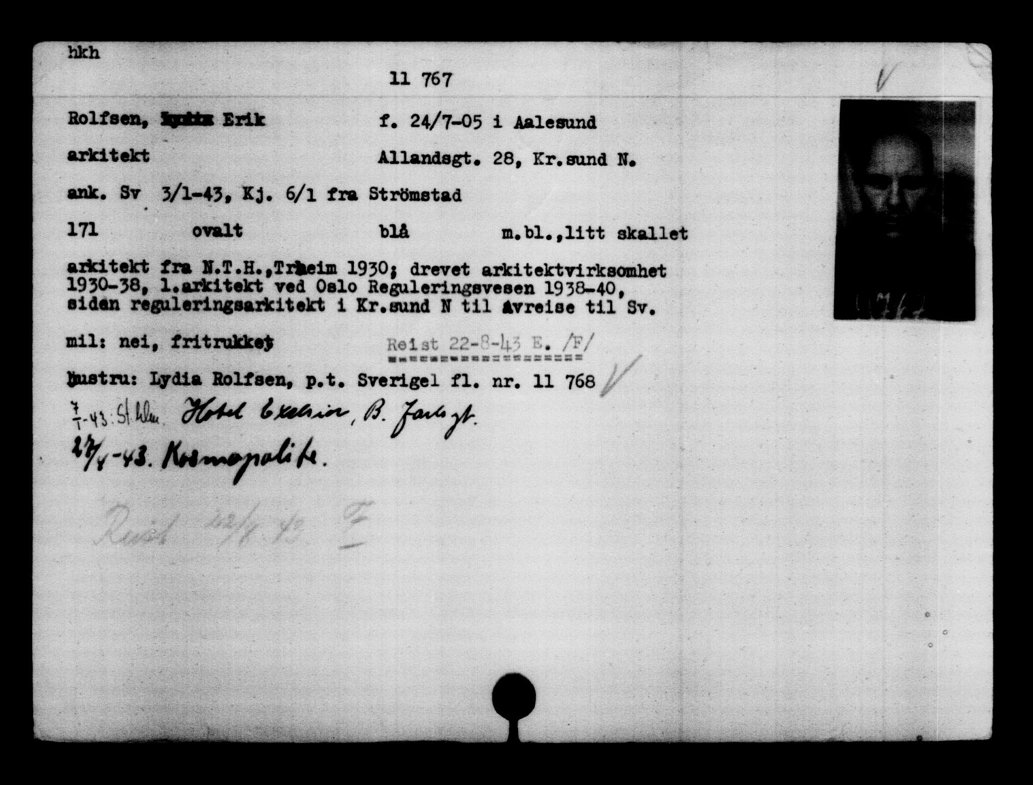 Utenriksstasjonene, Legasjonen i Stockholm, Flyktningkontoret, AV/RA-S-6753/V/Va/L0006: Kjesäterkartoteket, flyktninger med registreringsnr. 9400-12711, 1940-1945, p. 2664