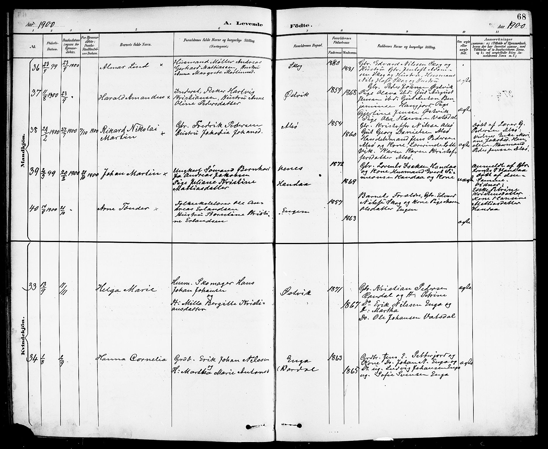 Ministerialprotokoller, klokkerbøker og fødselsregistre - Nordland, AV/SAT-A-1459/838/L0559: Parish register (copy) no. 838C06, 1893-1910, p. 68