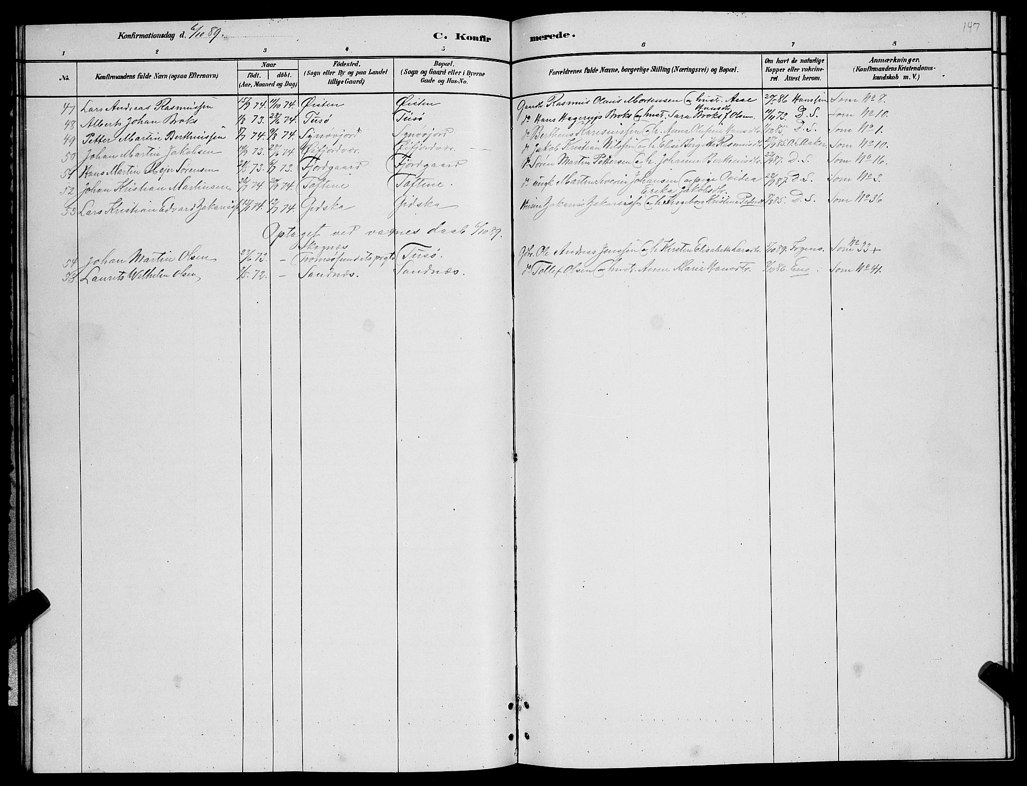 Lenvik sokneprestembete, AV/SATØ-S-1310/H/Ha/Hab/L0006klokker: Parish register (copy) no. 6, 1881-1889, p. 147