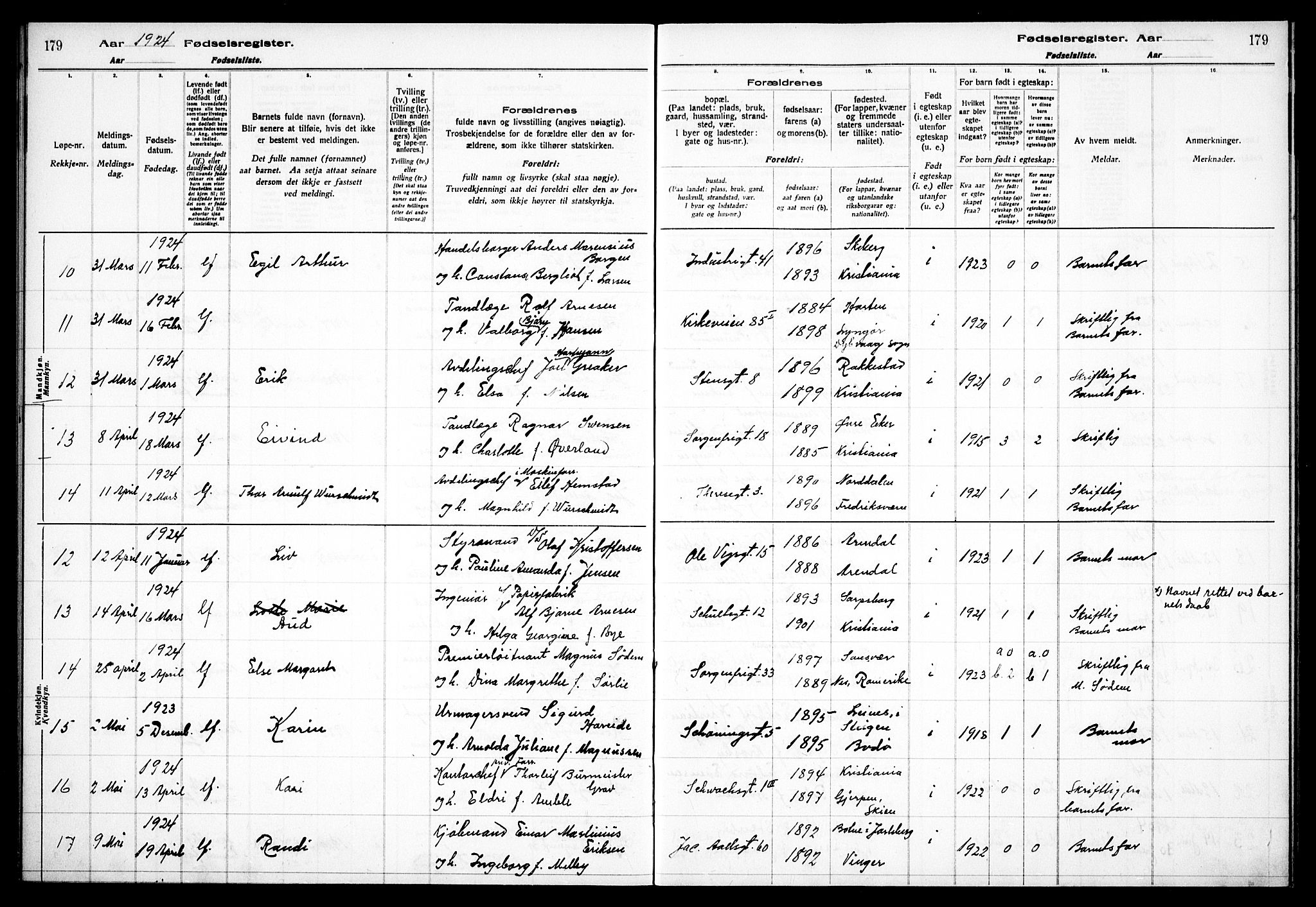 Fagerborg prestekontor Kirkebøker, AV/SAO-A-10844/J/Ja/L0001: Birth register no. 1, 1916-1925, p. 179