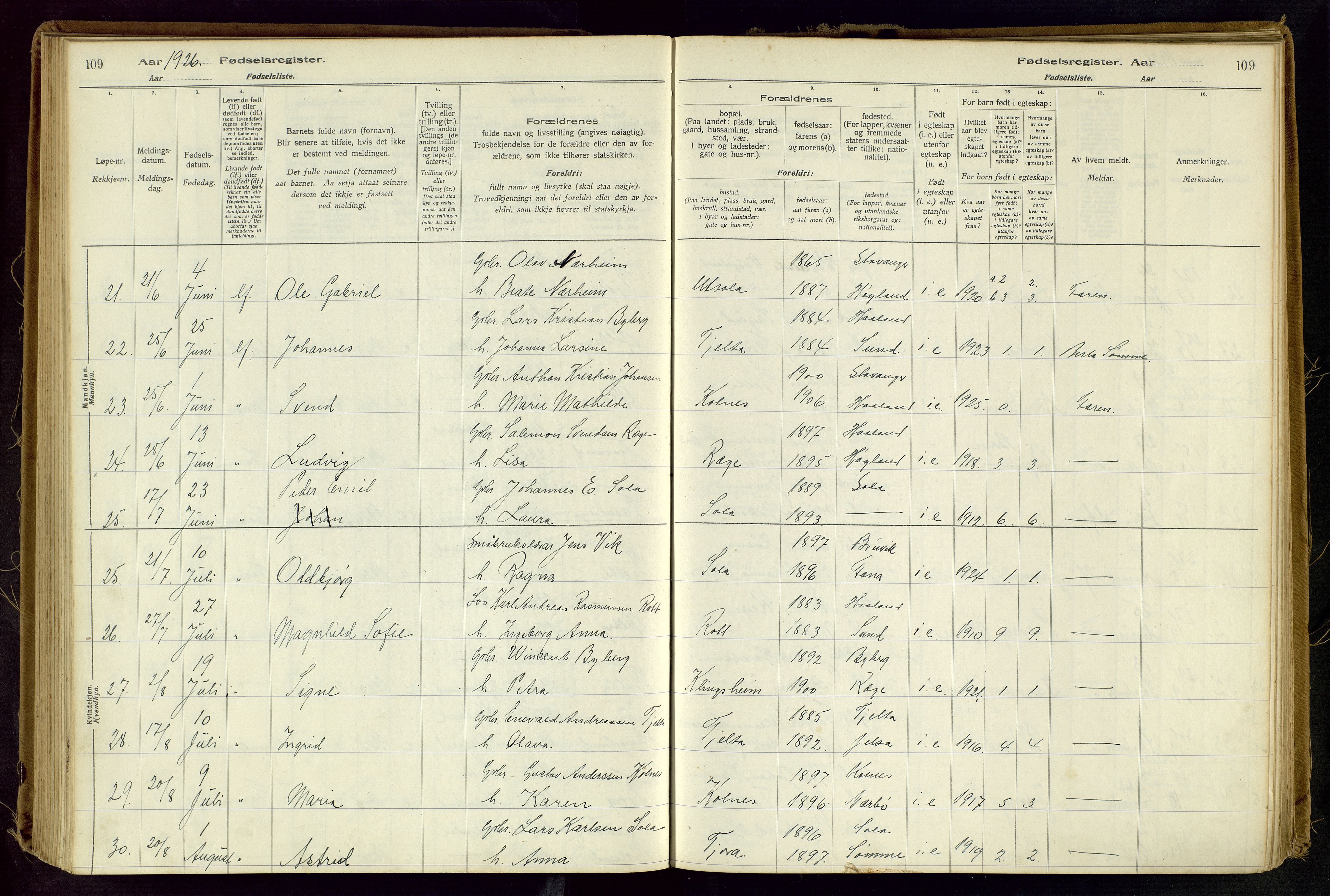 Håland sokneprestkontor, AV/SAST-A-101802/001/704BA/L0001: Birth register no. 1, 1916-1936, p. 109