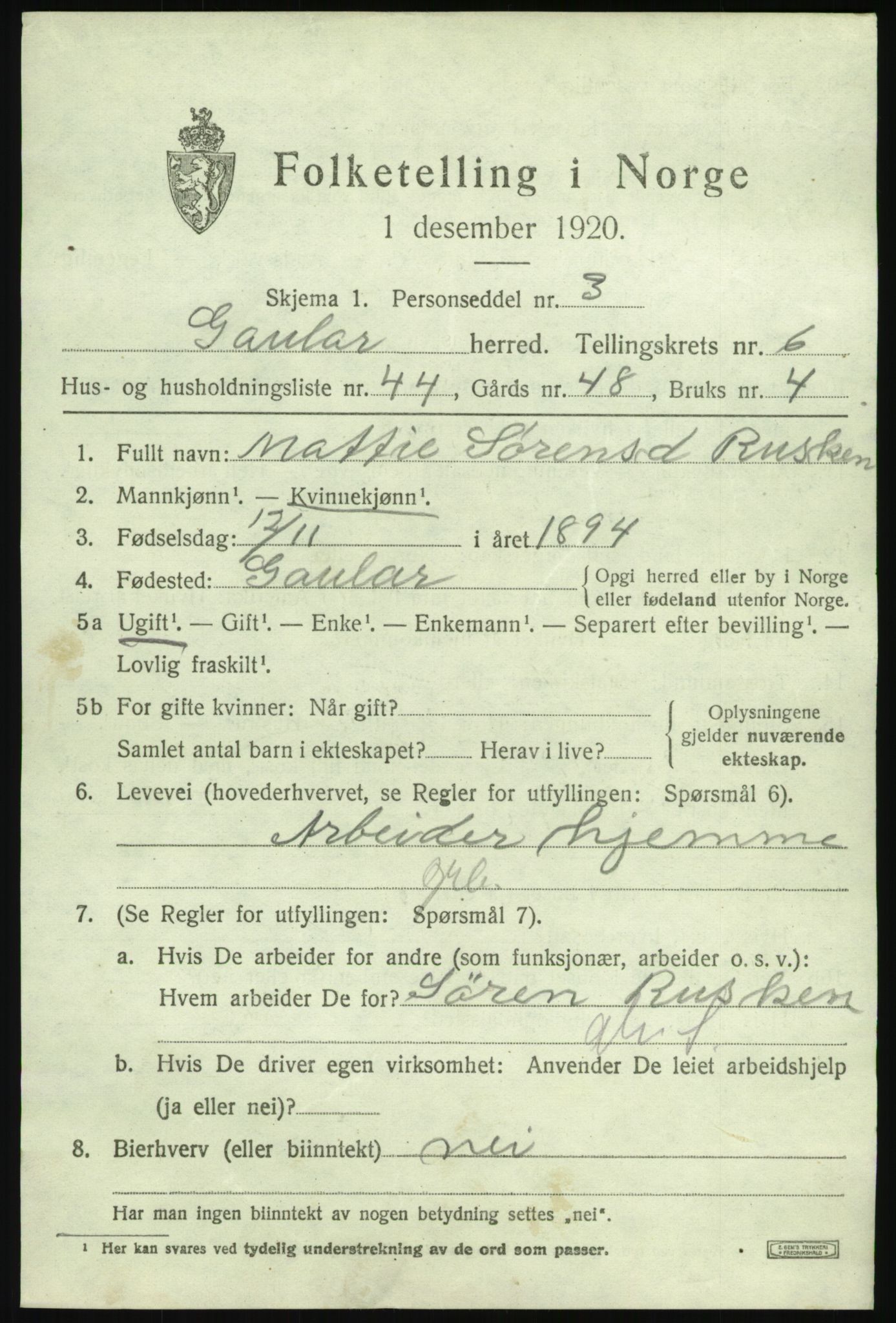 SAB, 1920 census for Gaular, 1920, p. 3438