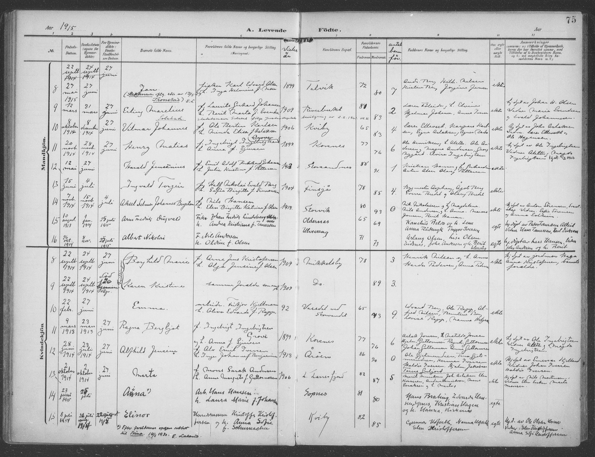 Talvik sokneprestkontor, SATØ/S-1337/H/Ha/L0017kirke: Parish register (official) no. 17, 1906-1915, p. 75