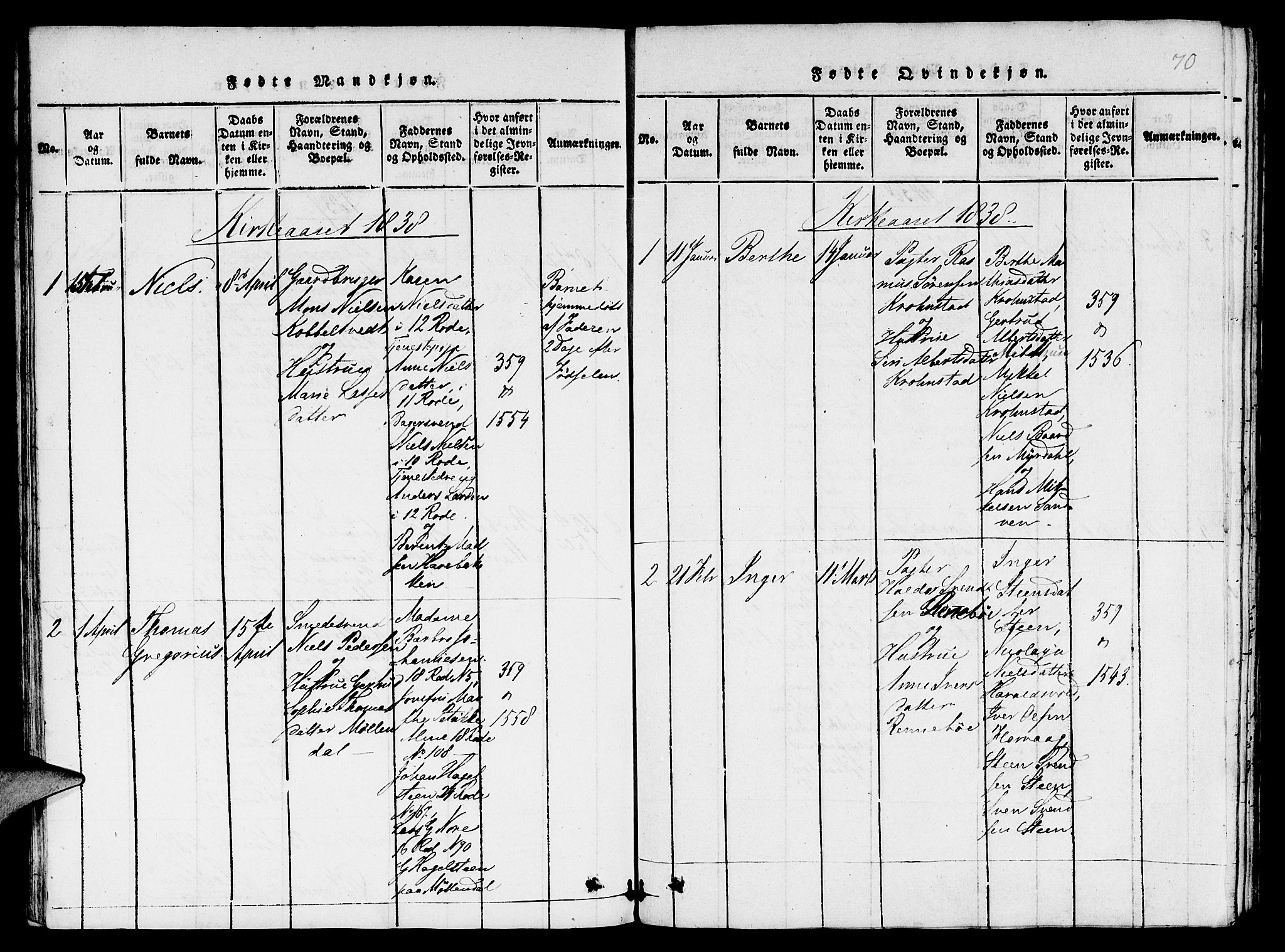 St. Jørgens hospital og Årstad sokneprestembete, AV/SAB-A-99934: Parish register (copy) no. A 1, 1816-1843, p. 70