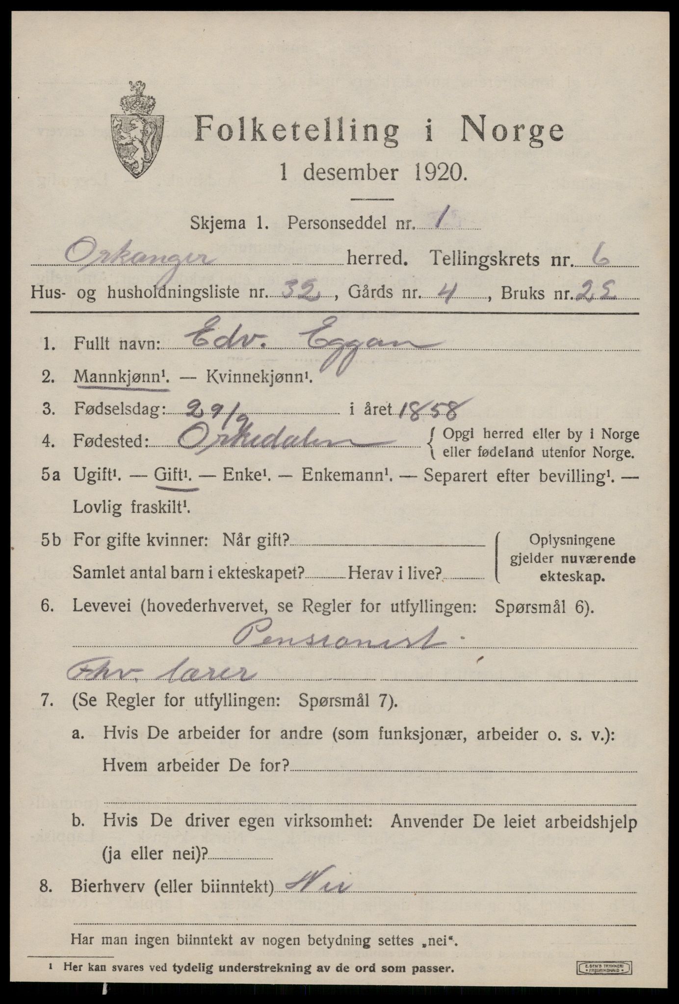 SAT, 1920 census for Orkanger, 1920, p. 3475