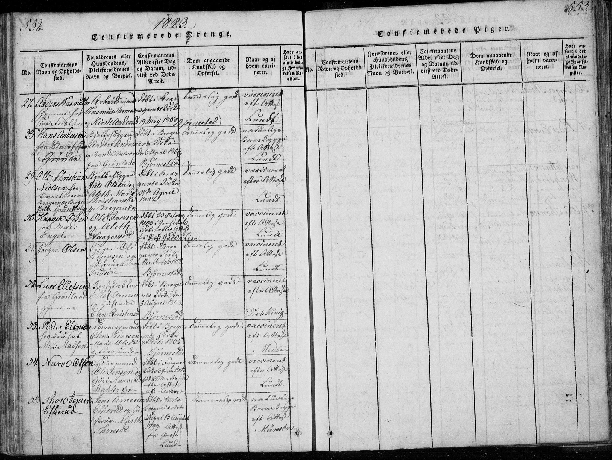 Bragernes kirkebøker, AV/SAKO-A-6/F/Fa/L0007: Parish register (official) no. I 7, 1815-1829, p. 552-553