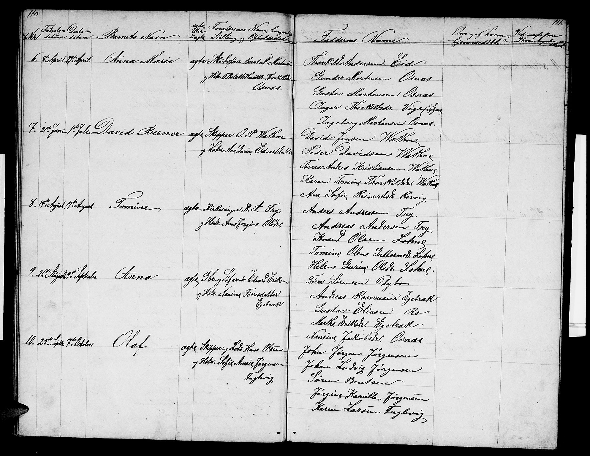 Mandal sokneprestkontor, SAK/1111-0030/F/Fb/Fbb/L0003: Parish register (copy) no. B 3, 1848-1877, p. 110-111