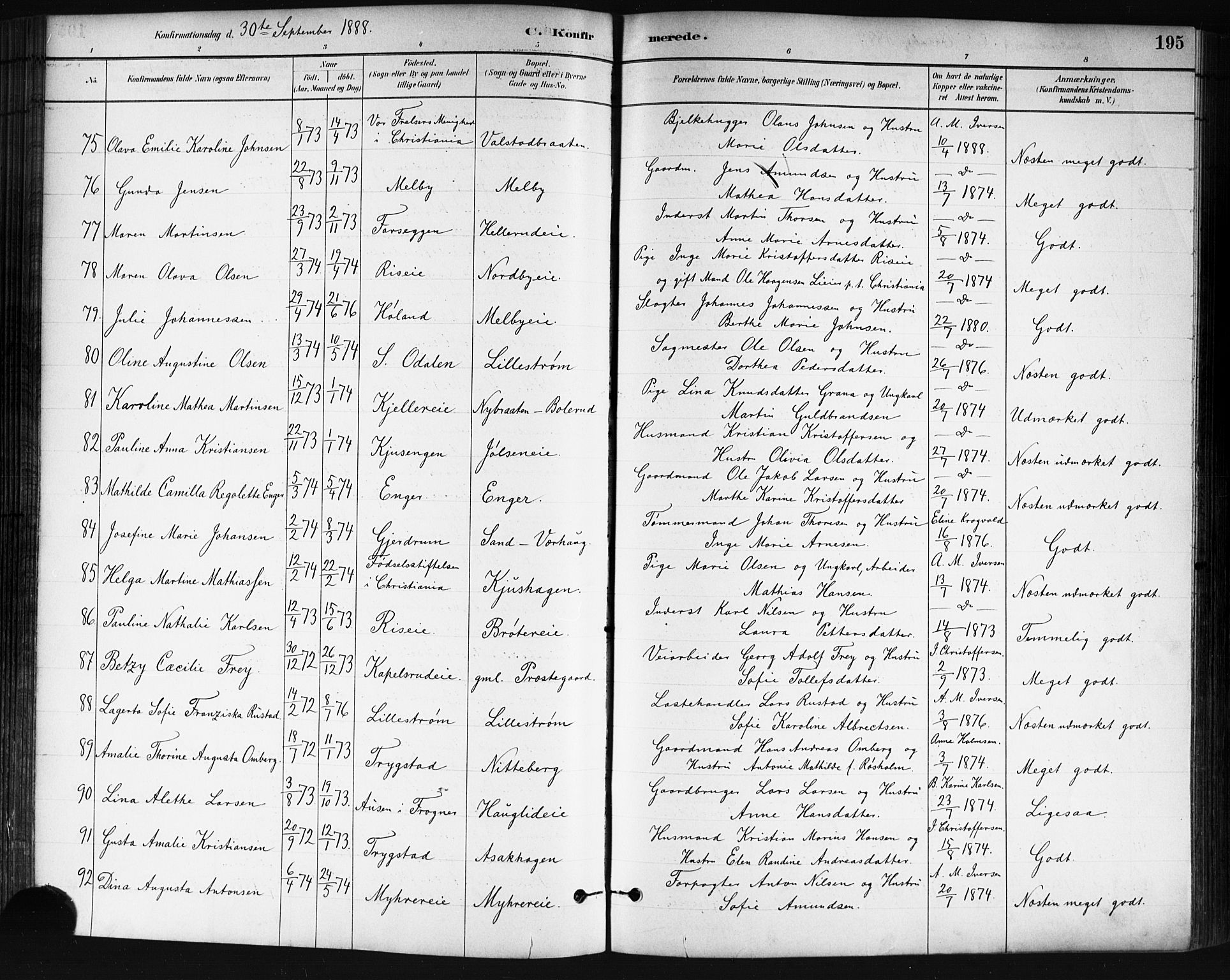 Skedsmo prestekontor Kirkebøker, SAO/A-10033a/G/Ga/L0004: Parish register (copy) no. I 4, 1883-1895, p. 195