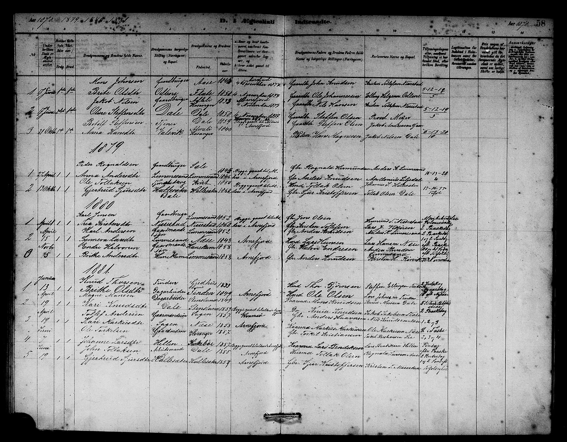 Vik sokneprestembete, SAB/A-81501: Parish register (copy) no. B 2, 1878-1893, p. 58
