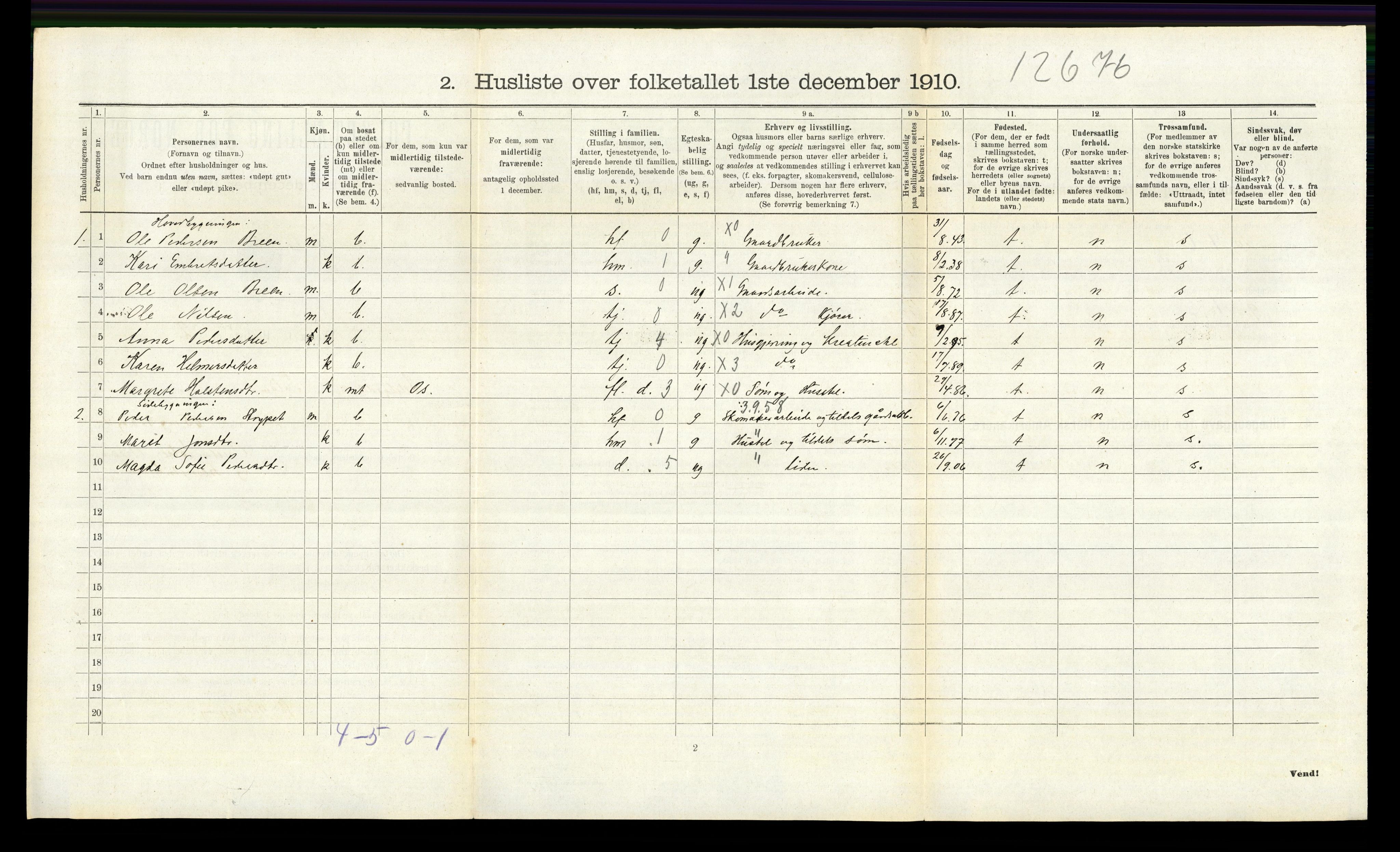 RA, 1910 census for Tolga, 1910, p. 1181