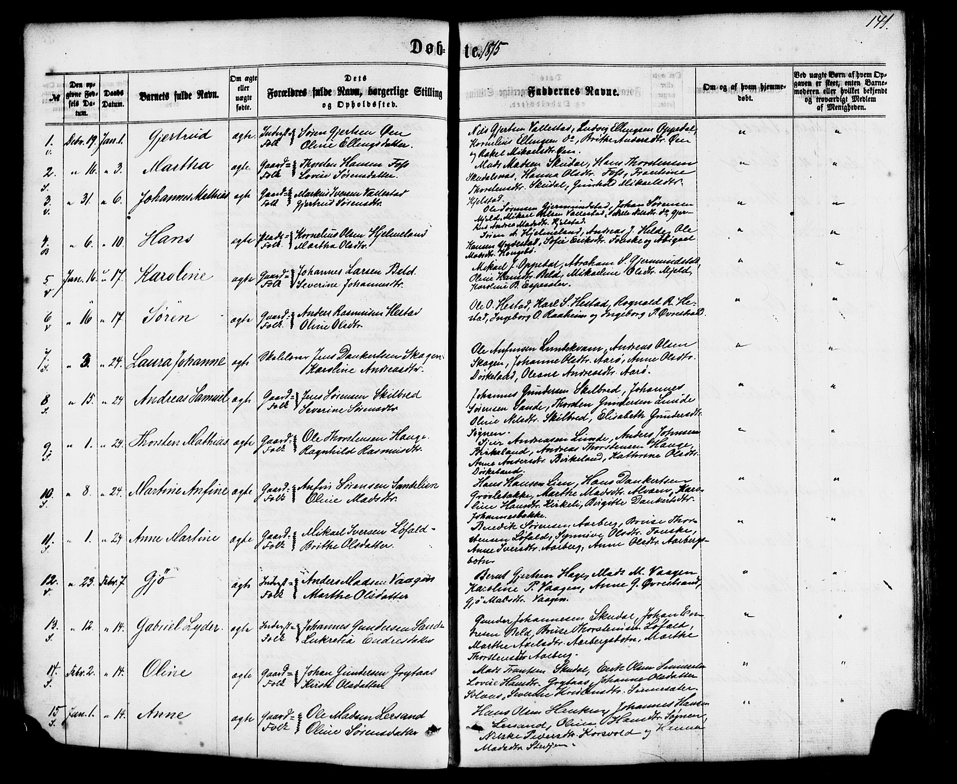 Gaular sokneprestembete, AV/SAB-A-80001/H/Haa: Parish register (official) no. A 5, 1860-1881, p. 141