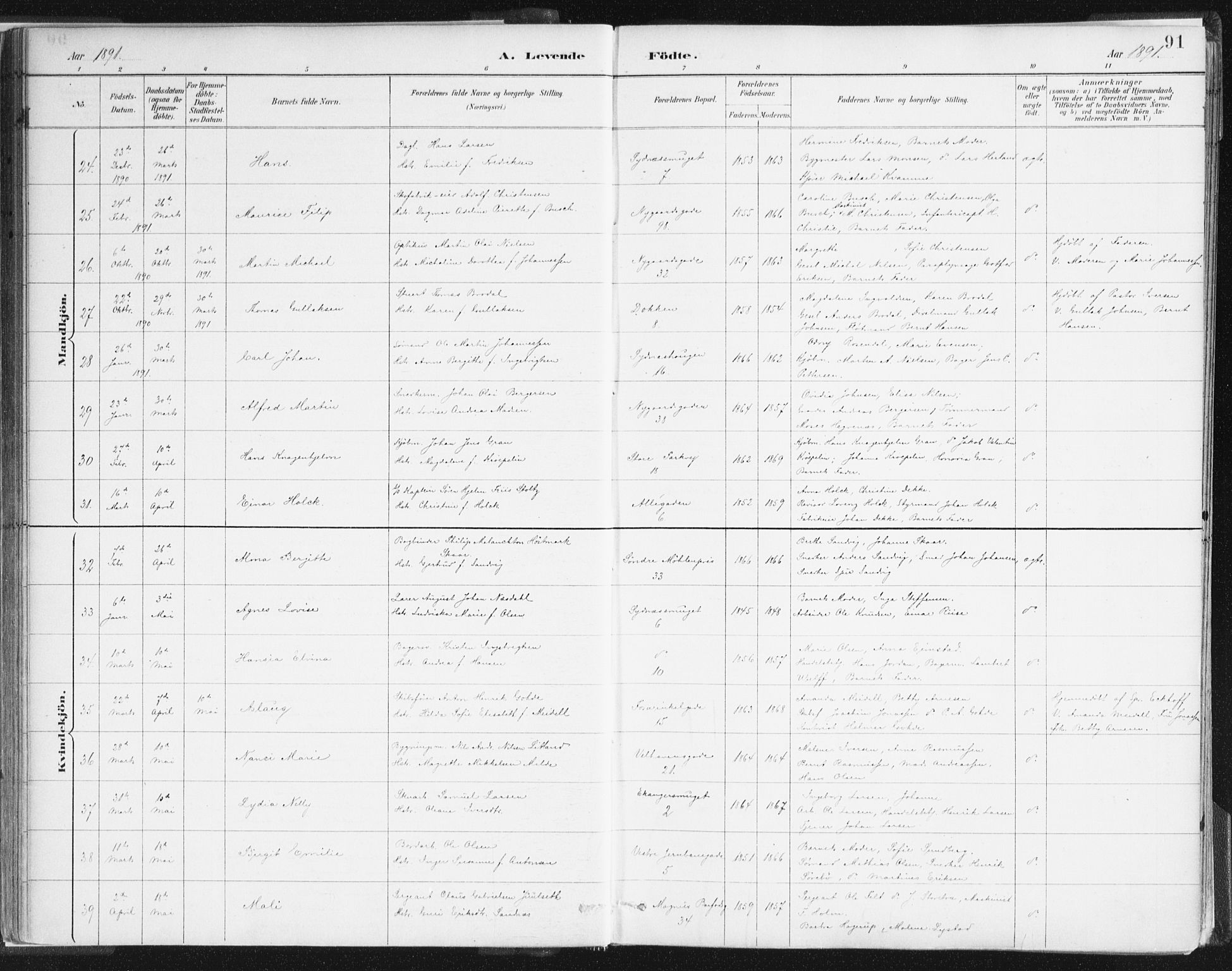 Johanneskirken sokneprestembete, SAB/A-76001/H/Haa/L0001: Parish register (official) no. A 1, 1885-1900, p. 91