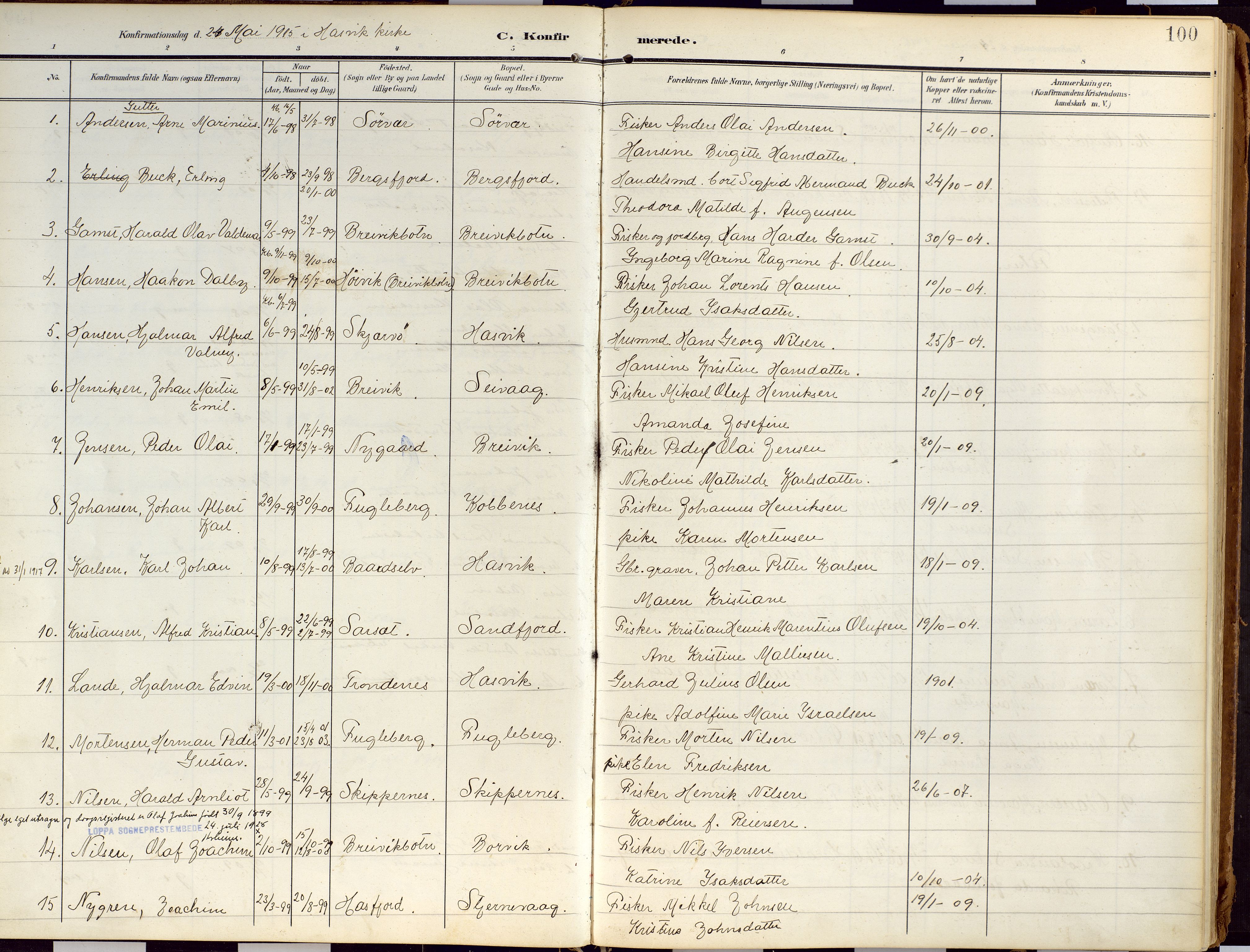Loppa sokneprestkontor, SATØ/S-1339/H/Ha/L0010kirke: Parish register (official) no. 10, 1907-1922, p. 100