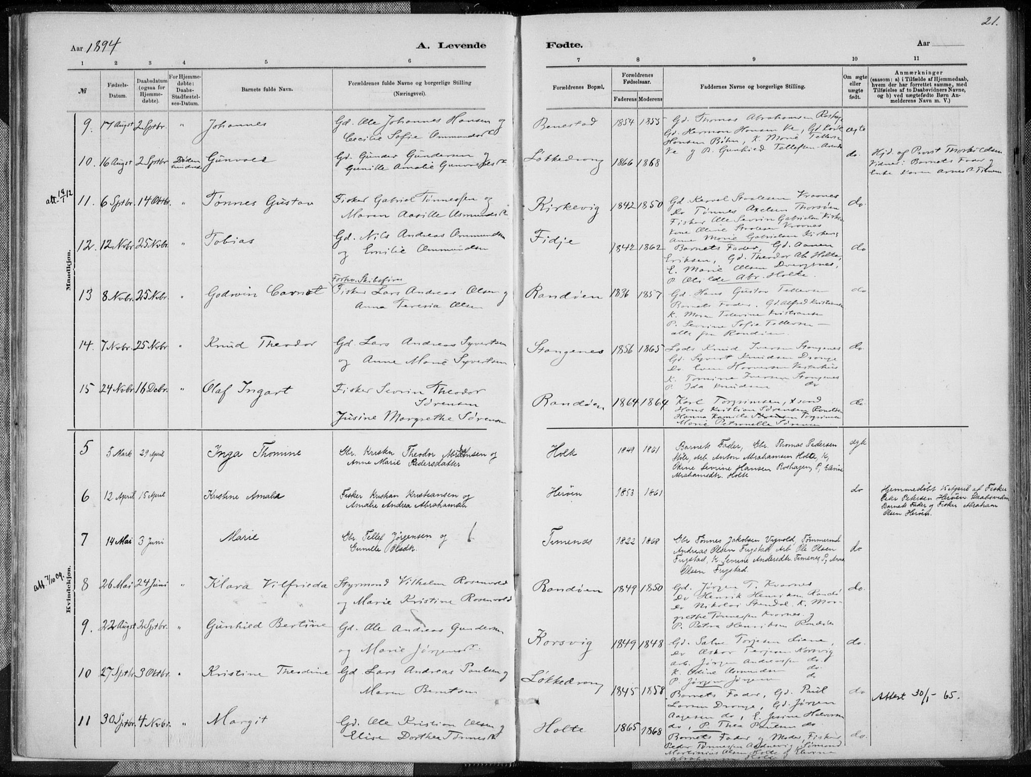 Oddernes sokneprestkontor, SAK/1111-0033/F/Fa/Fab/L0002: Parish register (official) no. A 2, 1884-1903, p. 21