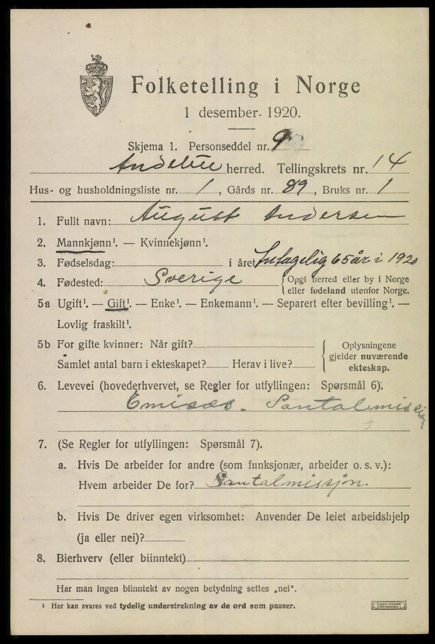 SAKO, 1920 census for Andebu, 1920, p. 5102