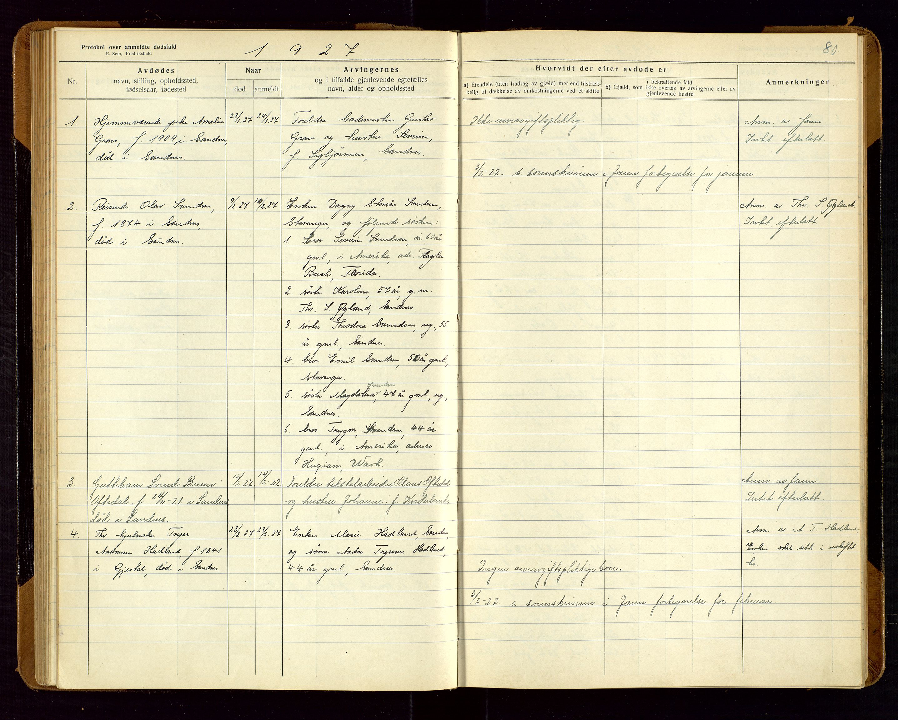 Sandnes lensmannskontor, SAST/A-100167/Gga/L0001: "Protokol over anmeldte dødsfald" m/register, 1918-1940, p. 80
