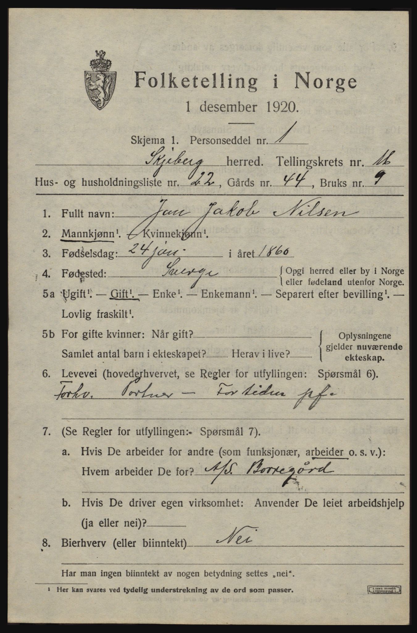 SAO, 1920 census for Skjeberg, 1920, p. 15085