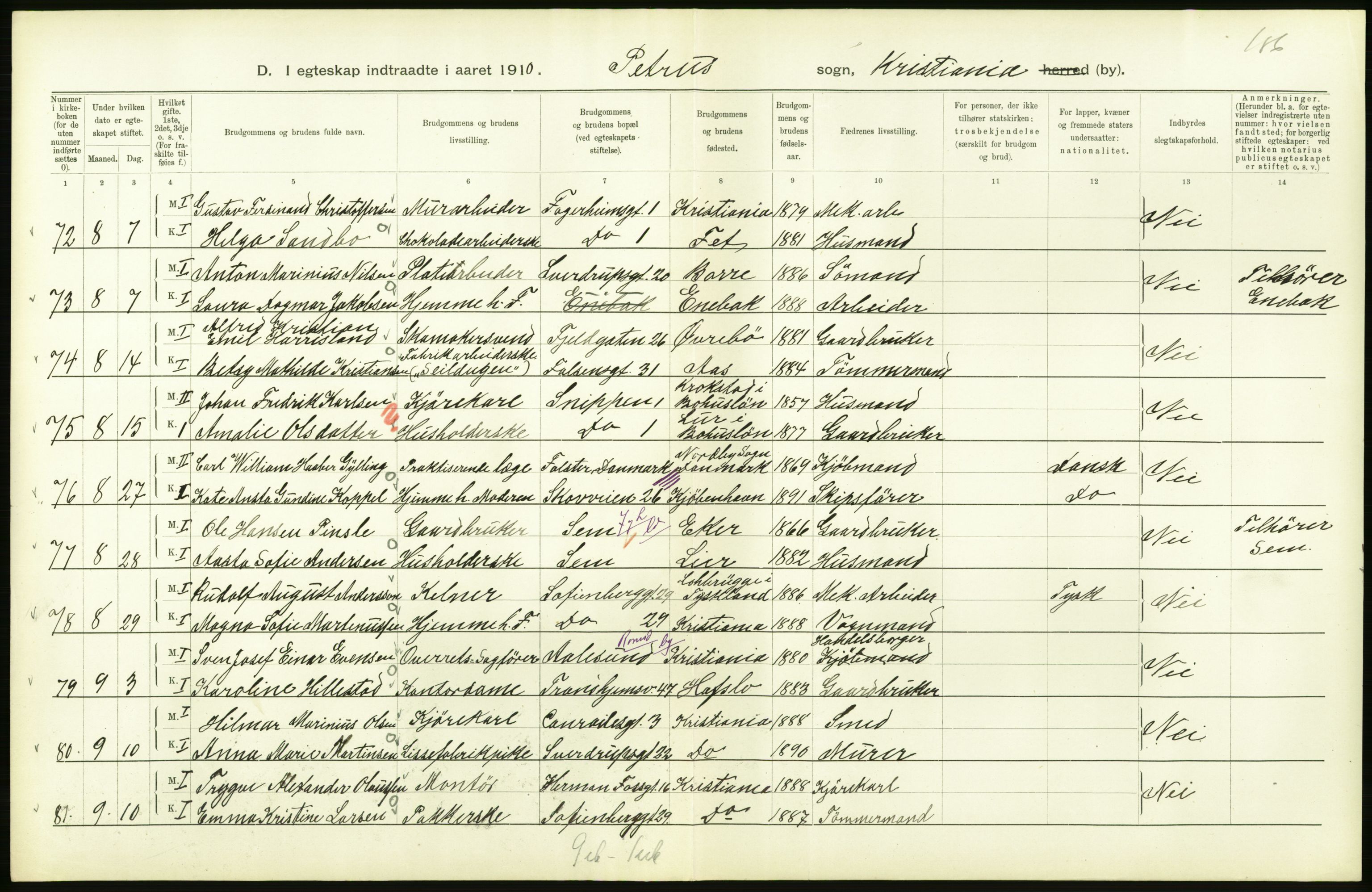 Statistisk sentralbyrå, Sosiodemografiske emner, Befolkning, AV/RA-S-2228/D/Df/Dfa/Dfah/L0009: Kristiania: Gifte og dødfødte., 1910, p. 242